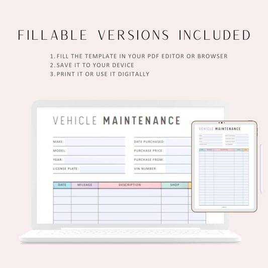 Colorful Vehicle Maintenance Printable, A4, A5, Letter, Half Letter, PDF Fillable
