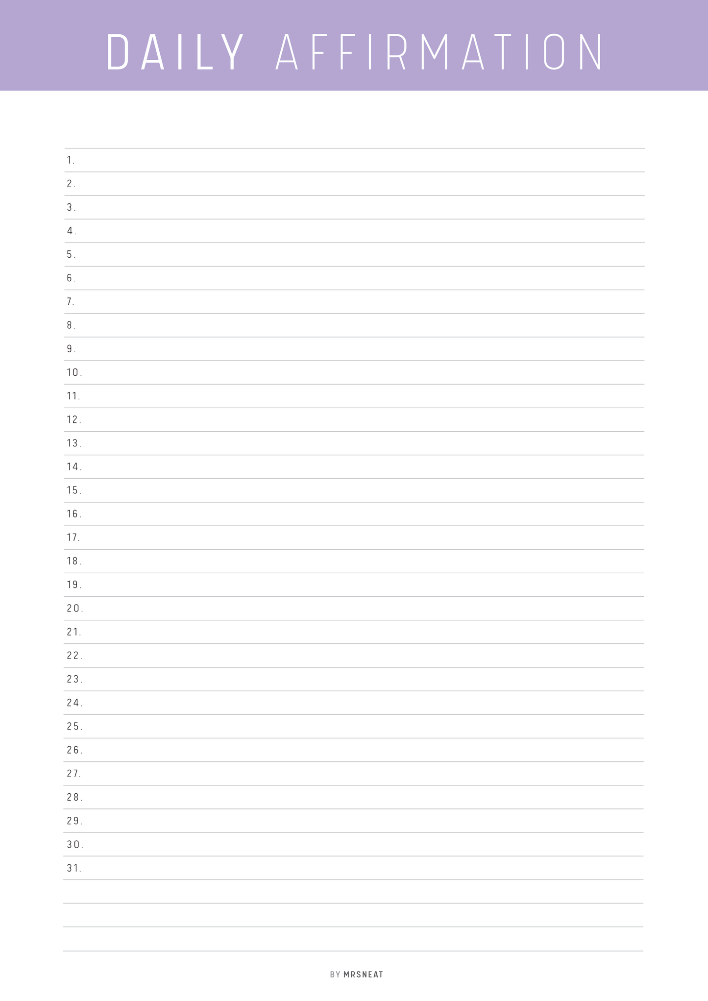 Blank sheet for daily affirmations with a purple header