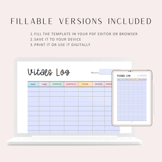 Printable Vitals Log Template, Vitals Log Planner Printable, A4, A5, Letter, Half Letter, PDF Fillable Vitals Record Log, Digital Health Tracker Planner, Colorful Planner, Aesthetic Planner