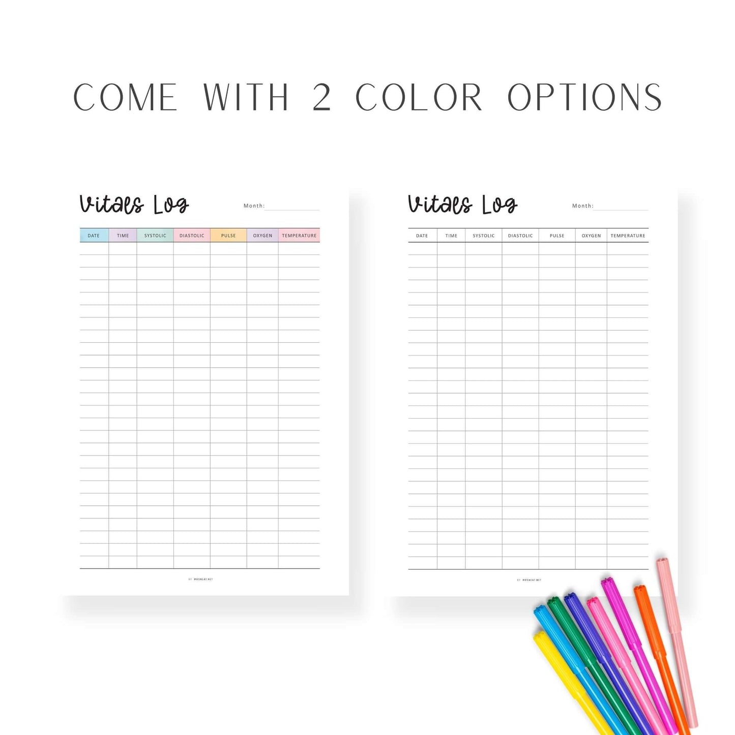 Printable Vitals Log Template, vital signs record sheet pdf, 2 colors