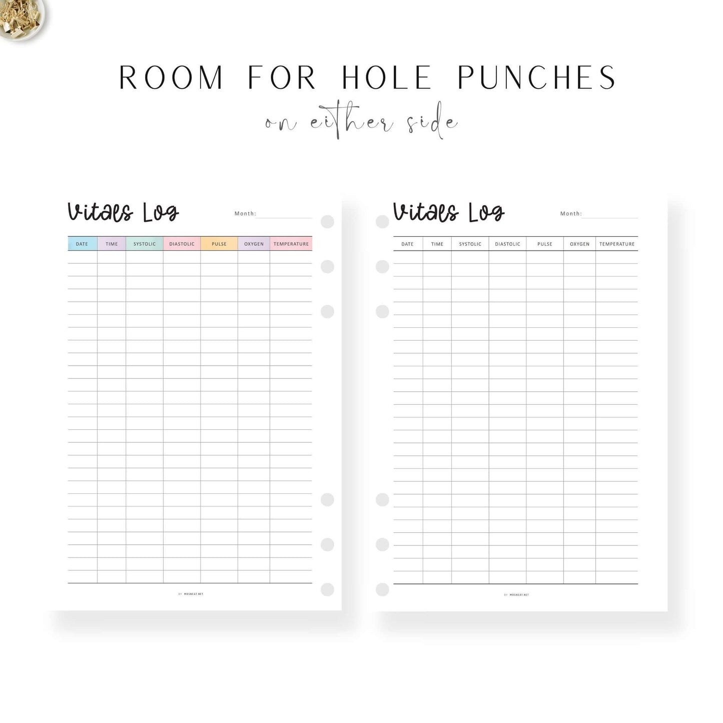 Printable Vitals Log Template, vital signs record sheet pdf, 2 colors