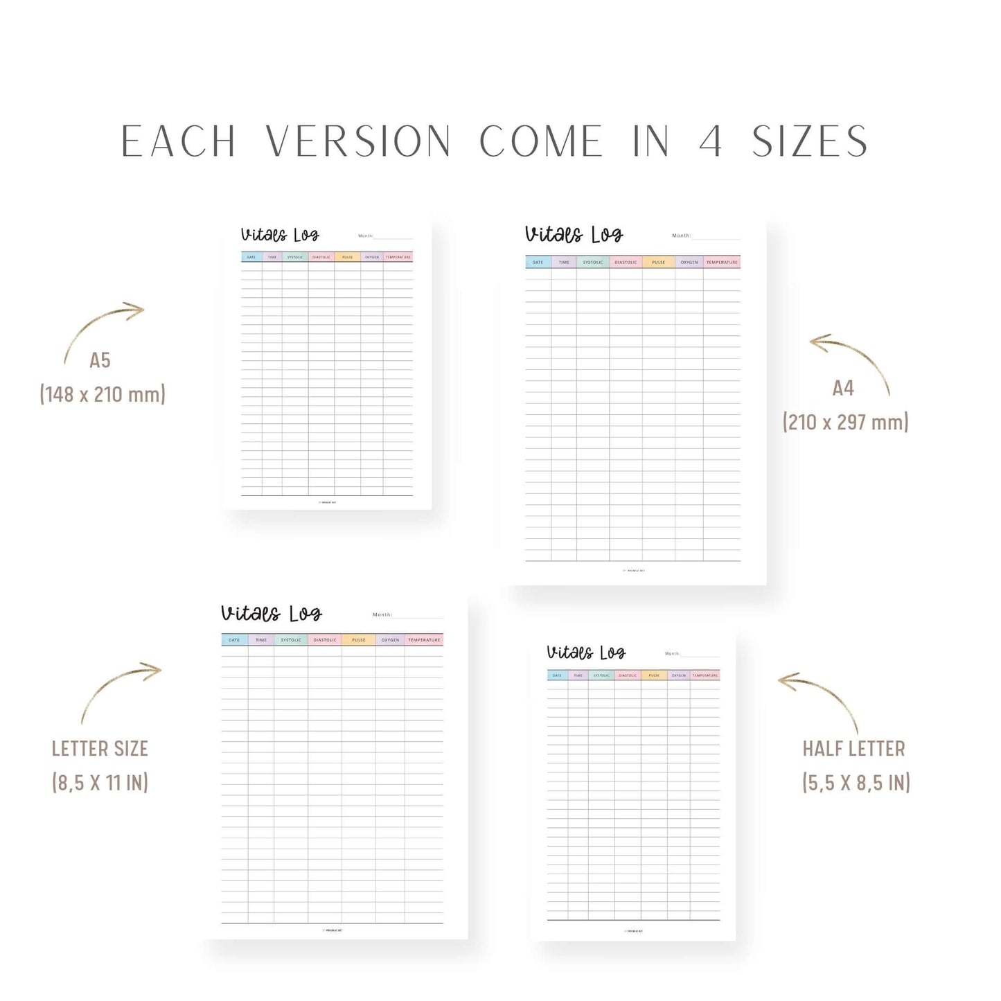 A4, A5, Letter, Half Letter Vitals Log Template Printable, vital signs record sheet pdf, 2 colors
