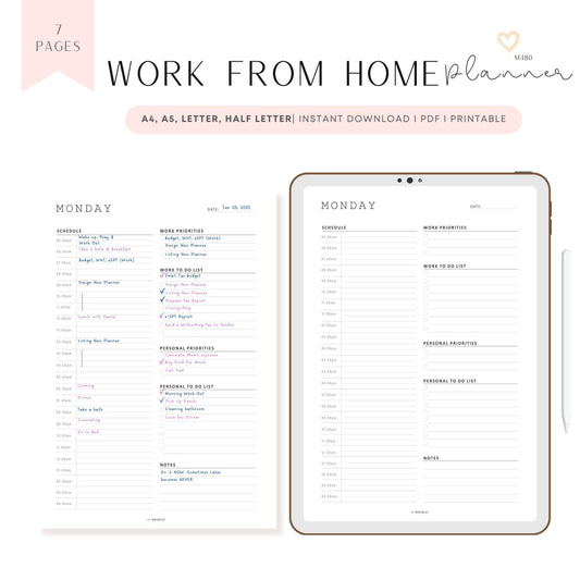 Work From Home Daily Planner 7 Pages, Monday to Sunday