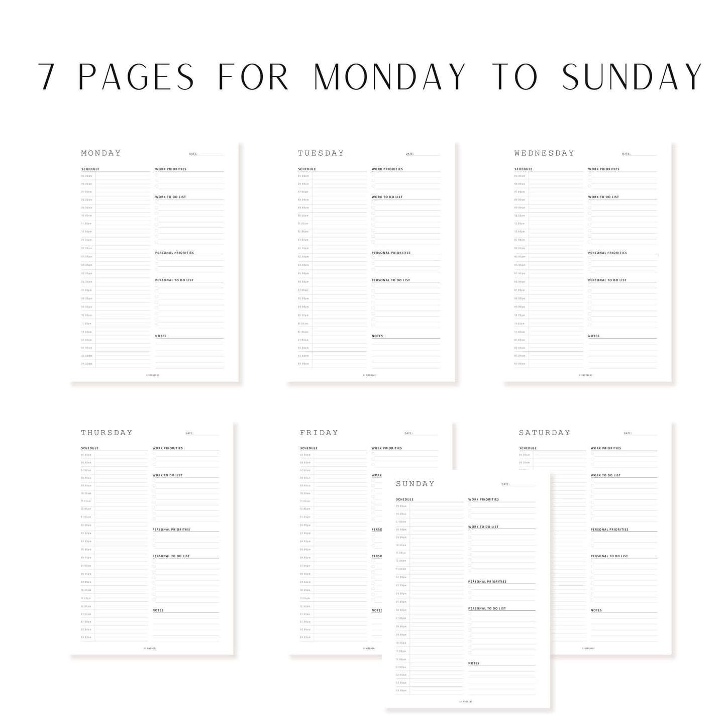Aesthetic and Minimalistic Work From Home Daily Planner 7 Pages, Monday to Sunday