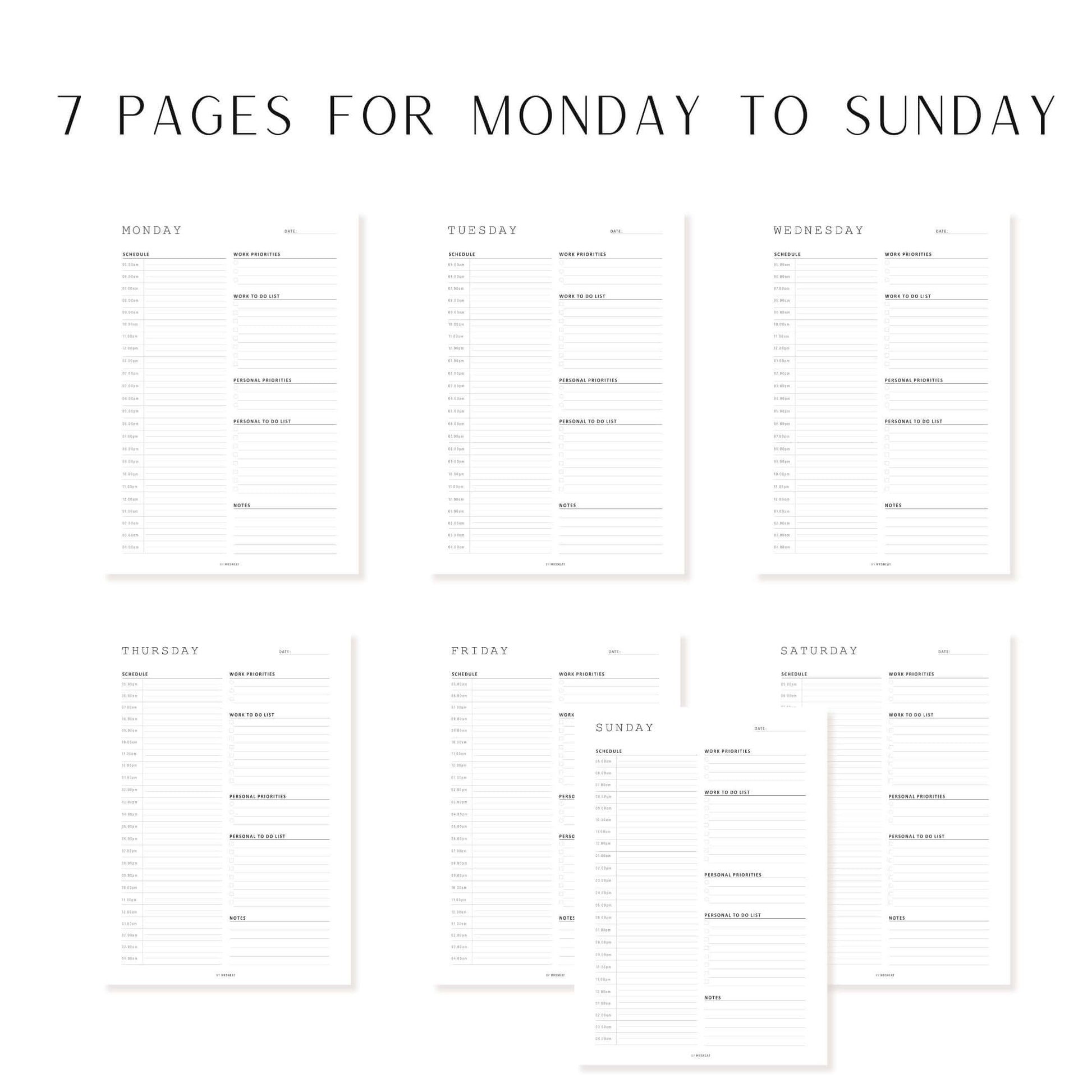 Aesthetic and Minimalistic Work From Home Daily Planner 7 Pages, Monday to Sunday