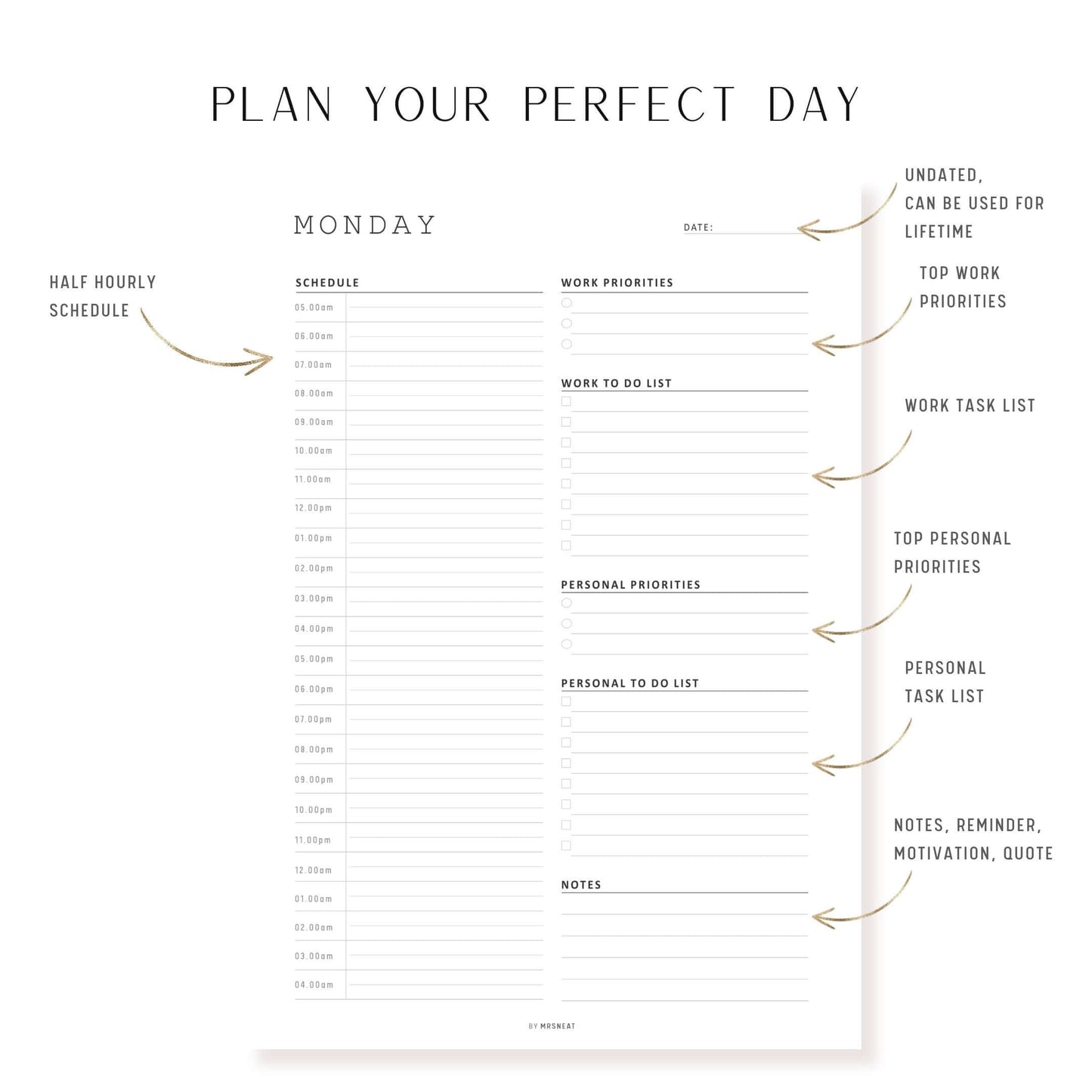 Minimalist Work From Home Daily Planner 7 Pages, Monday to Sunday