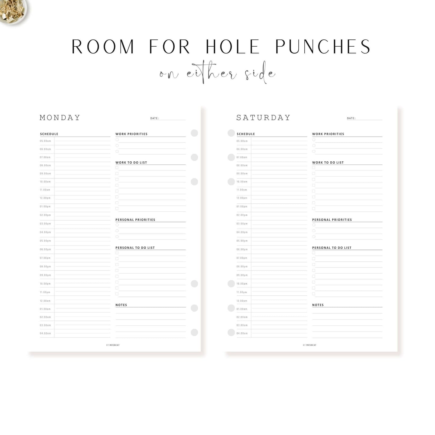 Work From Home Daily Planner 7 Pages, Monday to Sunday, Room for hole punches