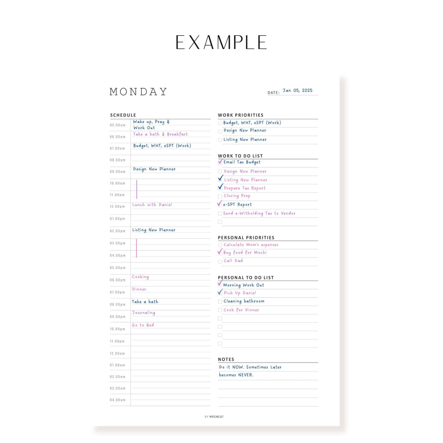 Work From Home Daily Planner 7 Pages, Monday to Sunday Example