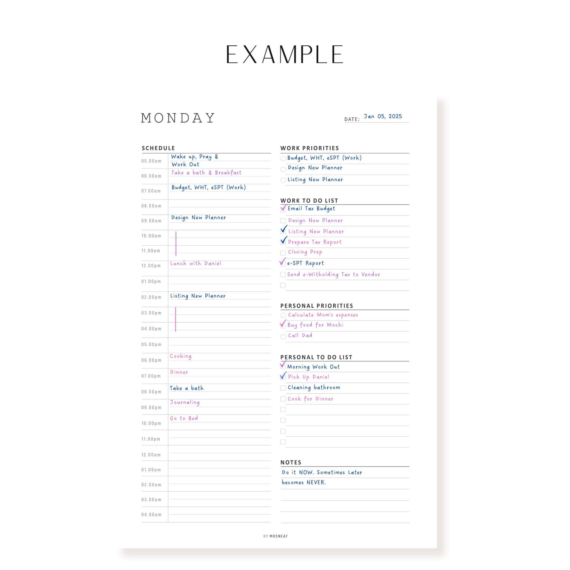 Work From Home Daily Planner 7 Pages, Monday to Sunday Example