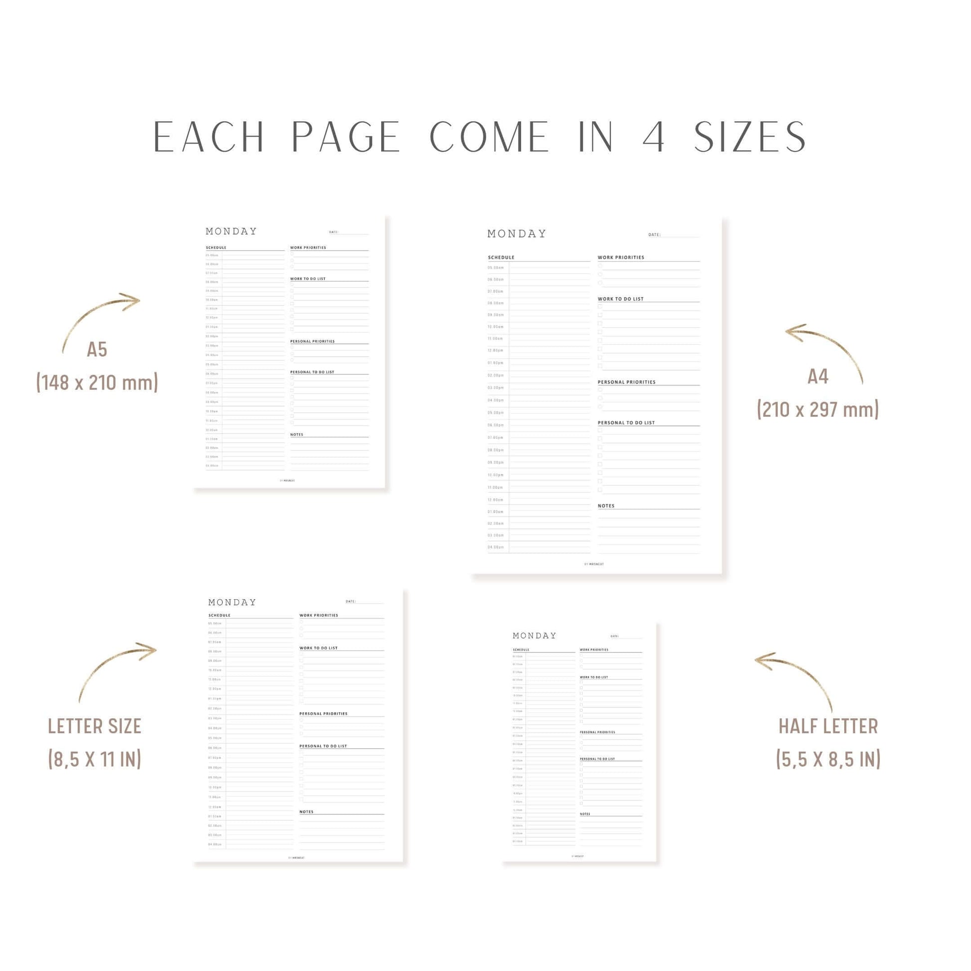 Work From Home Daily Planner 7 Pages, Monday to Sunday, A4, A5, Letter, Half Letter