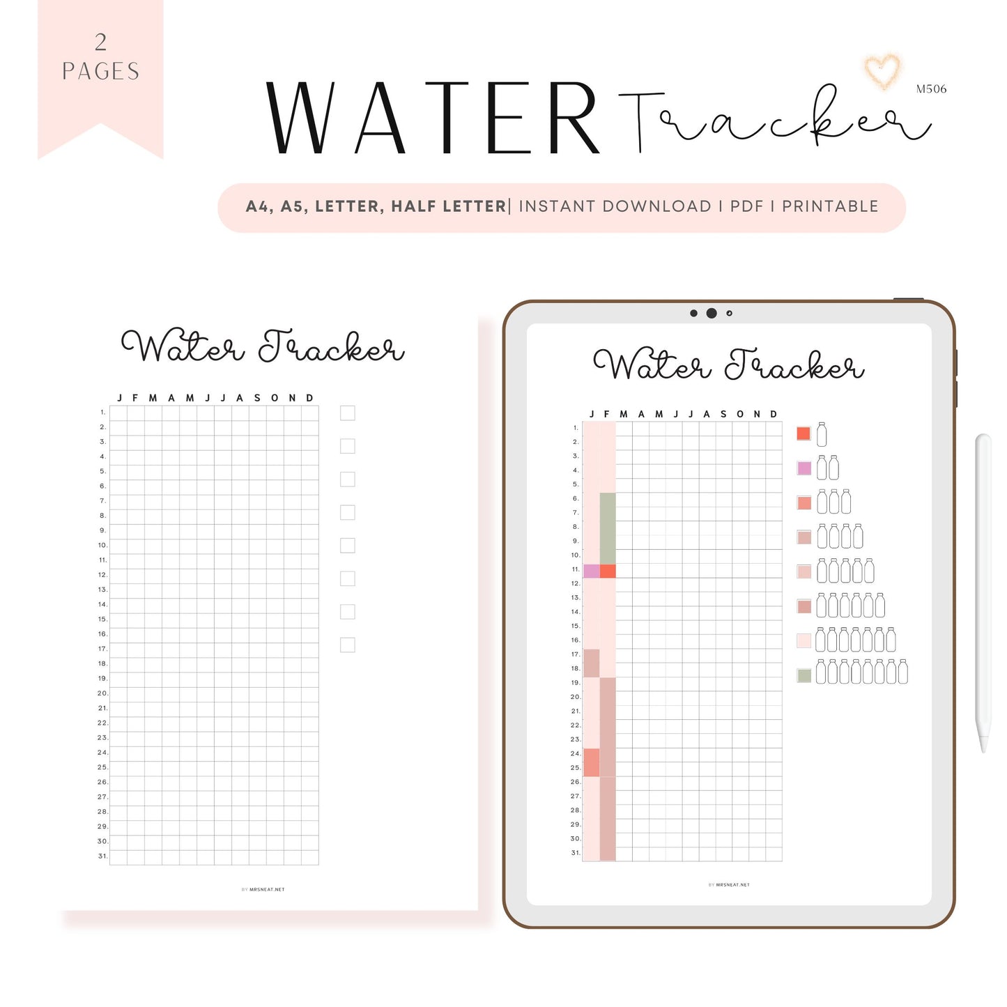 Water Tracker Printable PDF, A4, A5, Letter, Half Letter, Digital Planner, Minimalist Planner, Pre-filled & blank version