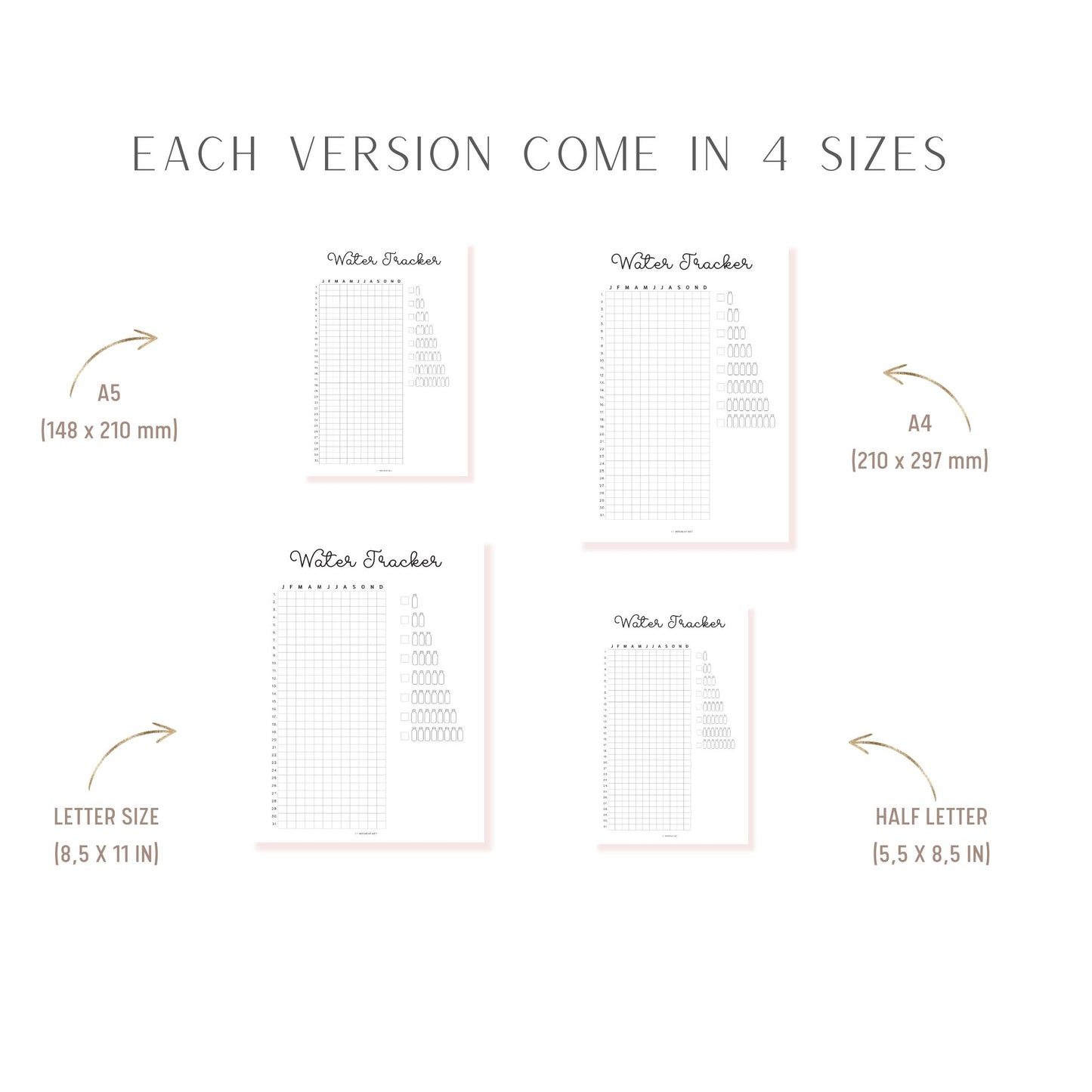 Water Tracker Printable PDF, A4, A5, Letter, Half Letter, Digital Planner, Minimalist Planner, Pre-filled & blank version