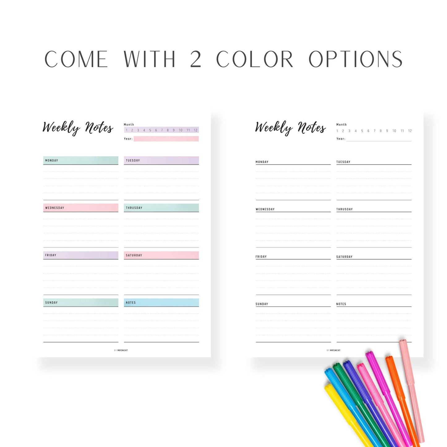 Weekly Notes Template Printable, 2 color options, PDF