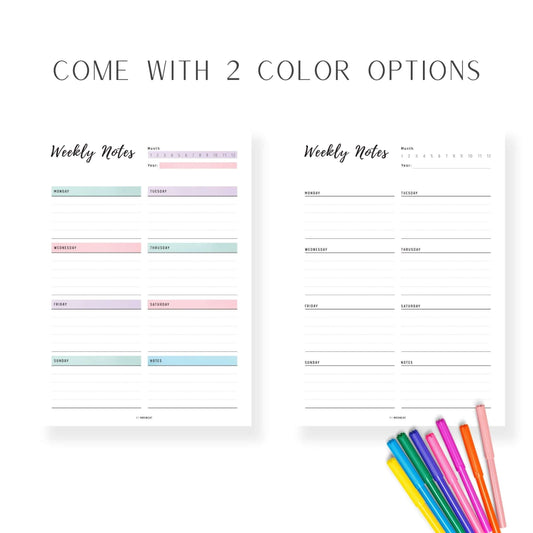Weekly Notes Template Printable, 2 color options, PDF