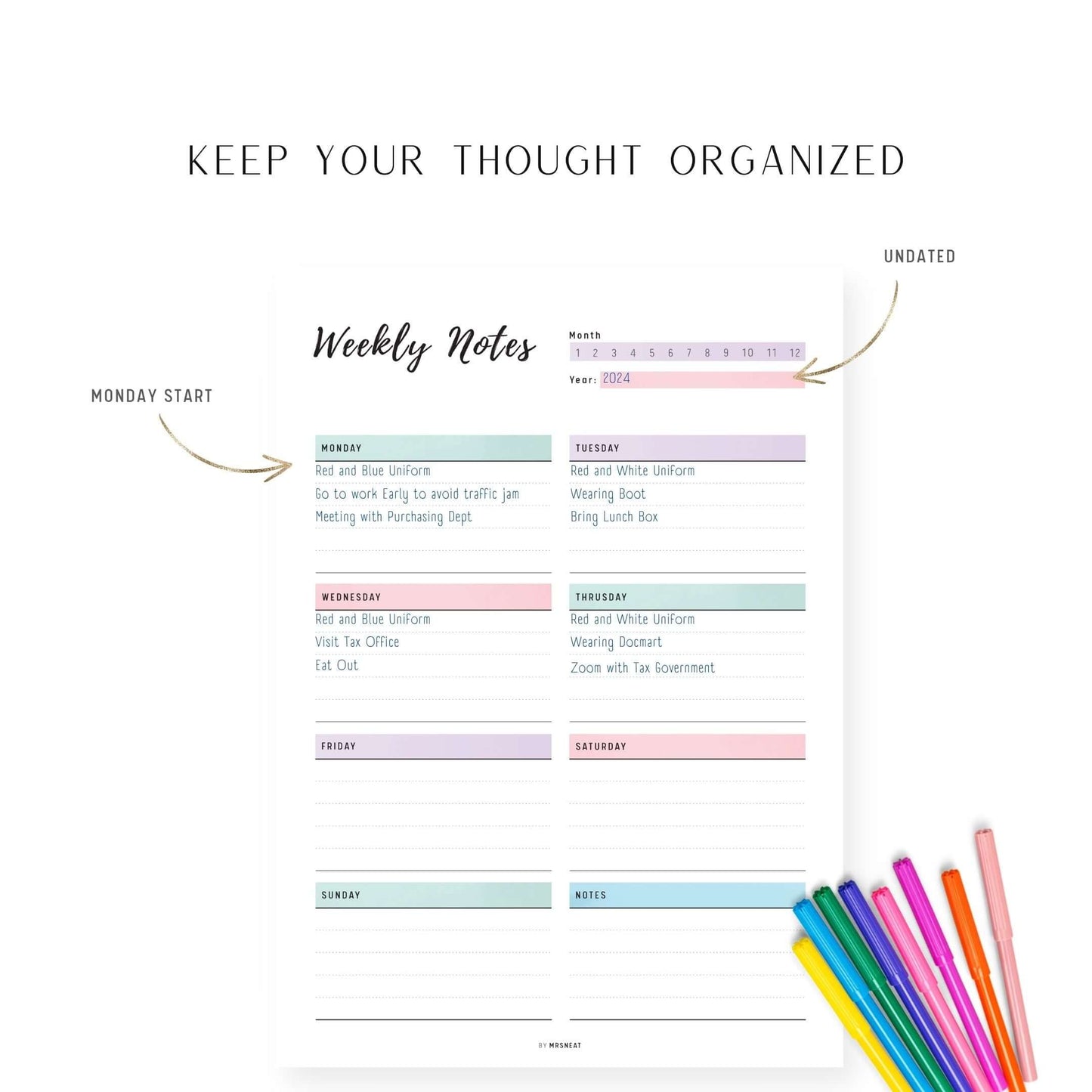 Weekly Notes Template Printable, 2 color options, PDF