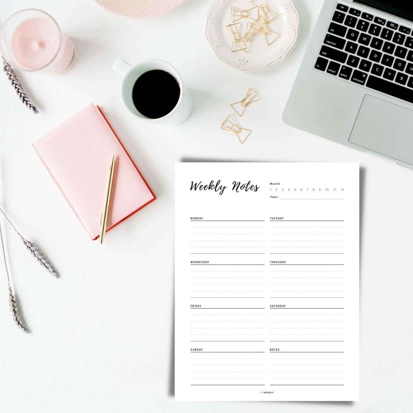 Weekly Notes Template Printable, 2 color options, PDF
