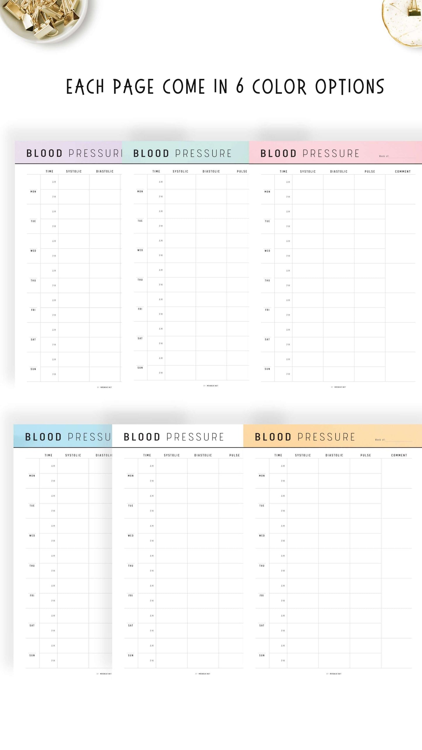 6 colors Daily Blood Pressure Log Printable