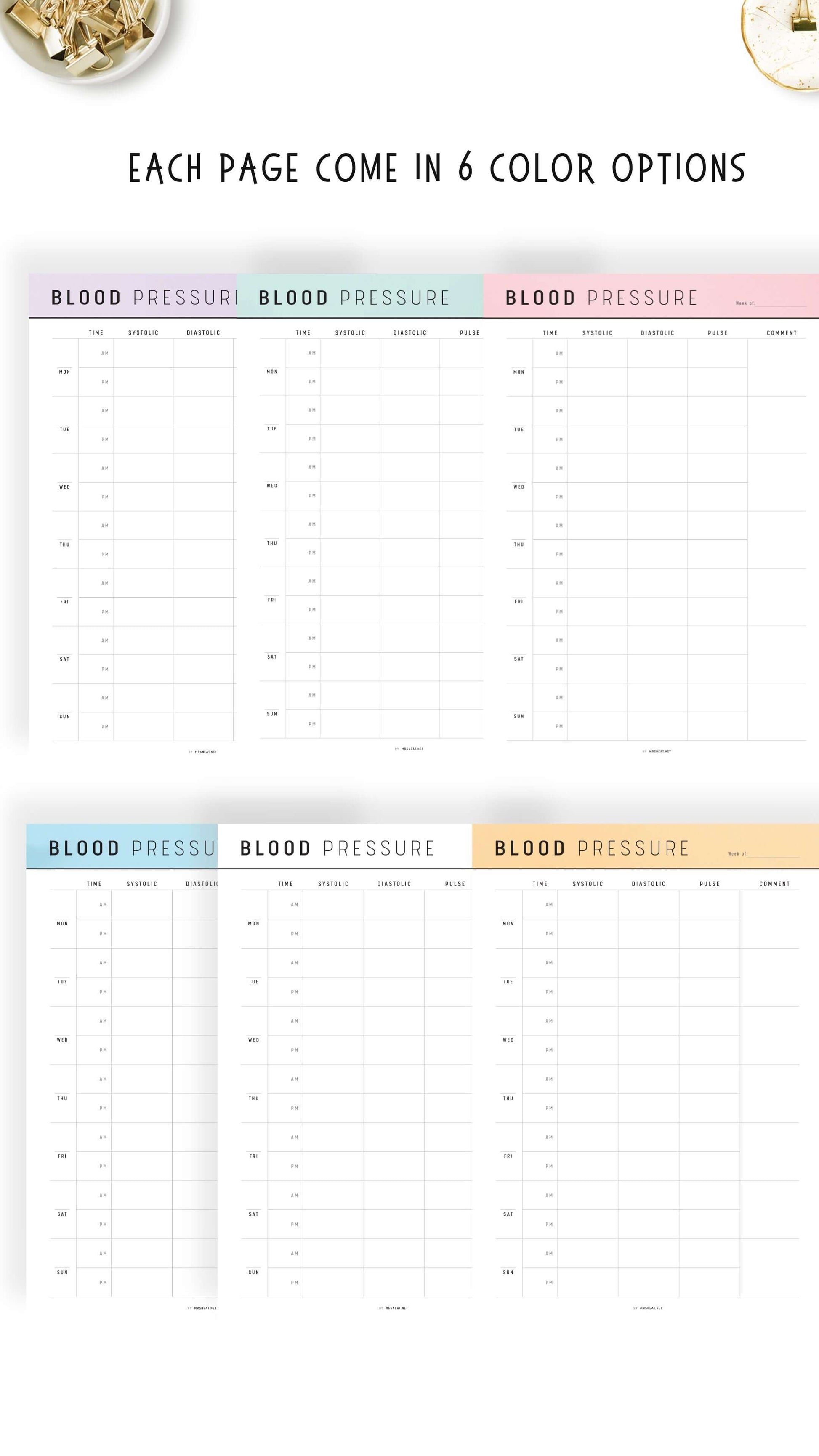 6 colors Daily Blood Pressure Log Printable