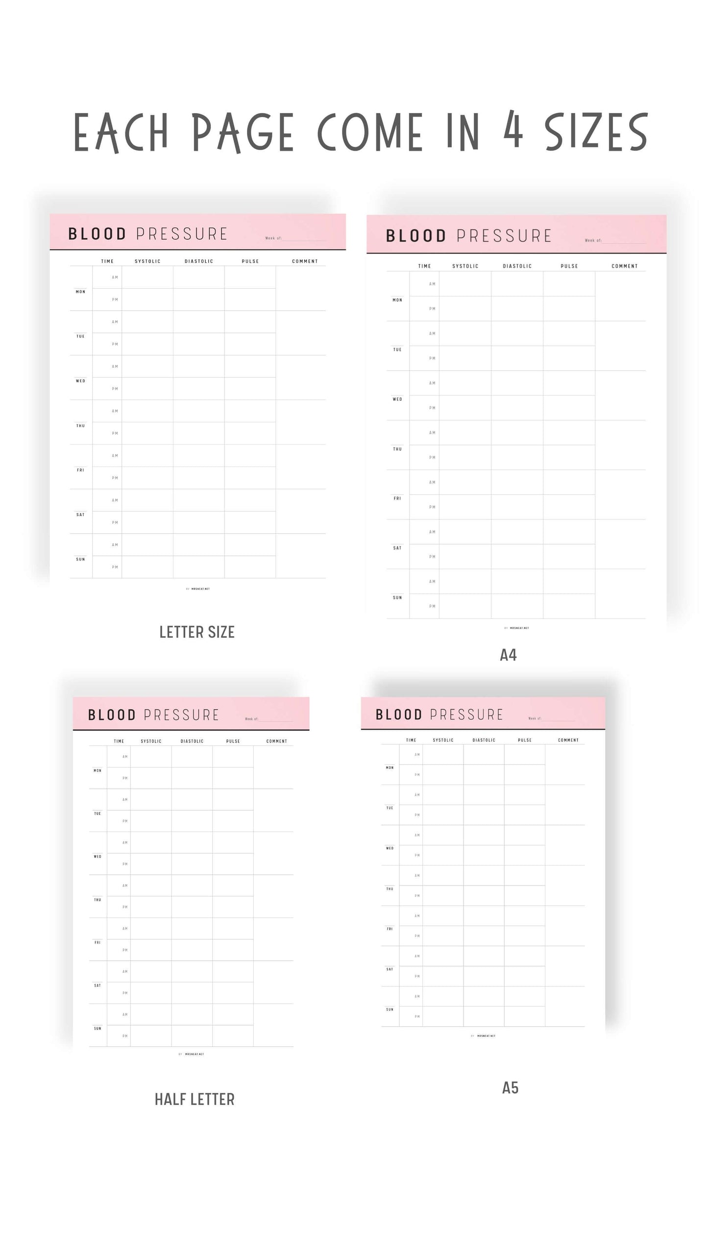 A4, Letter, Half Letter, A5 Daily Blood Pressure Log Printable