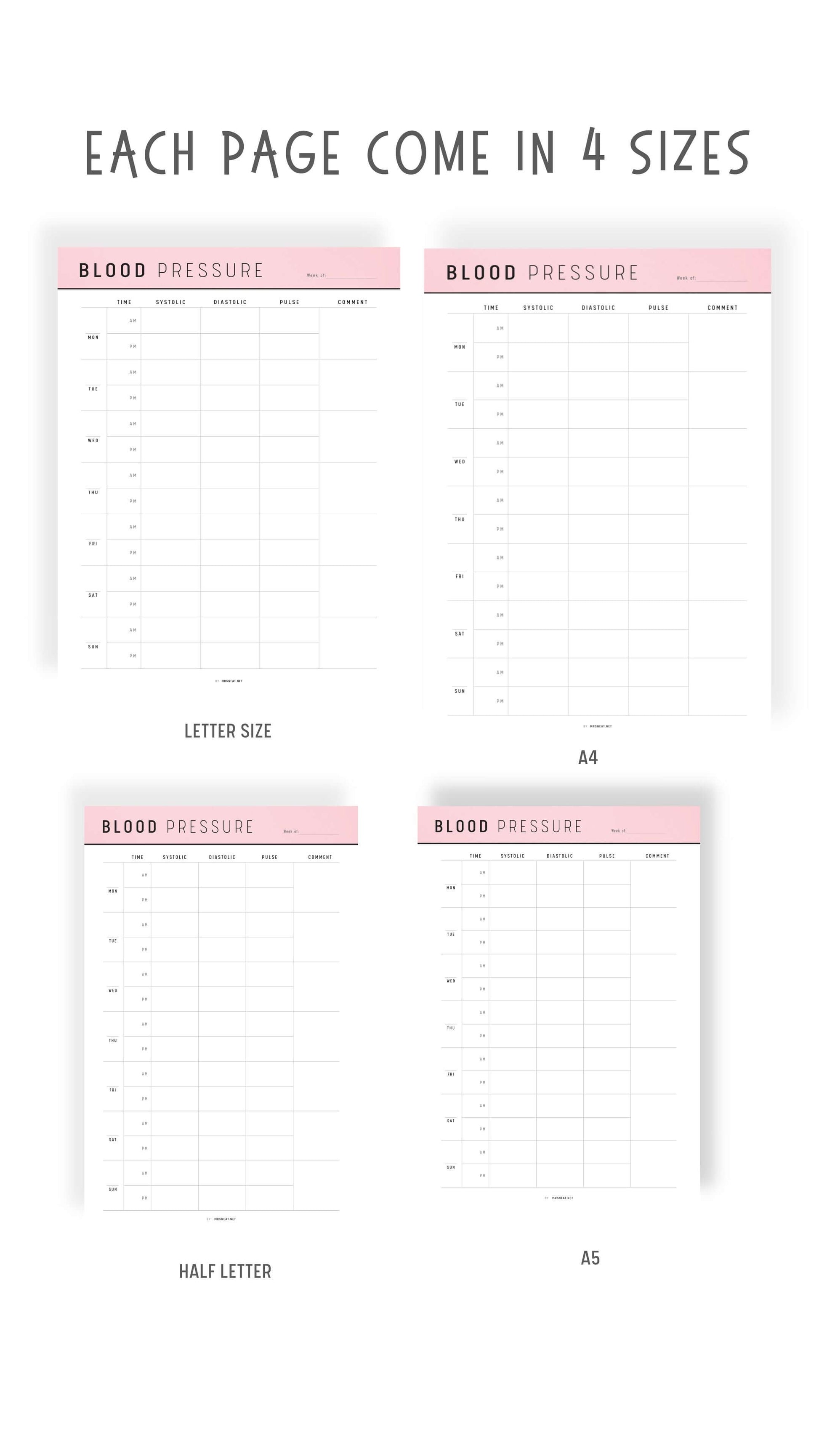 A4, Letter, Half Letter, A5 Daily Blood Pressure Log Printable