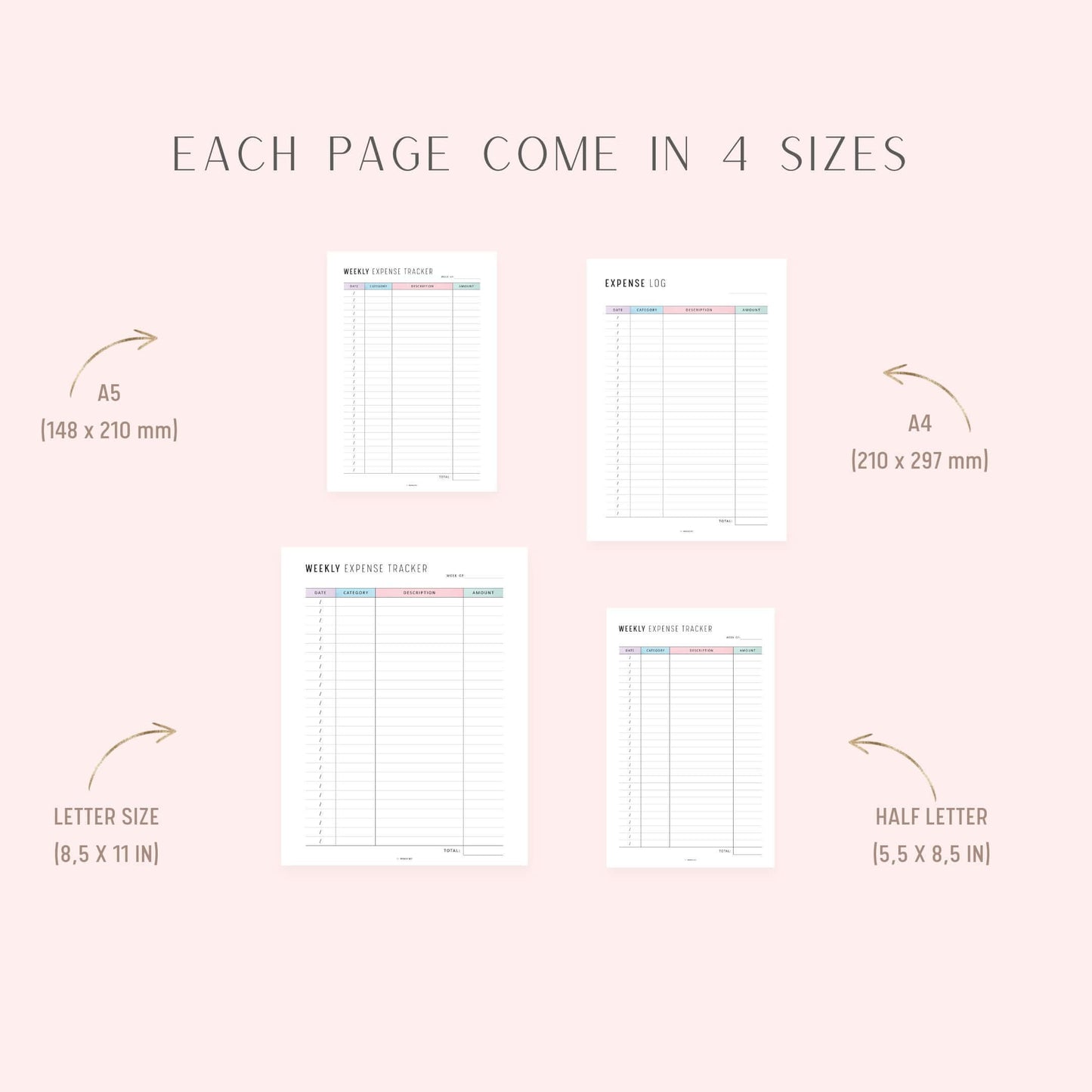 Weekly Expense Tracker, Printable, A4, A5, Half Letter, Letter, PDF, Digital Planner, 2 Colors, Instant Download
