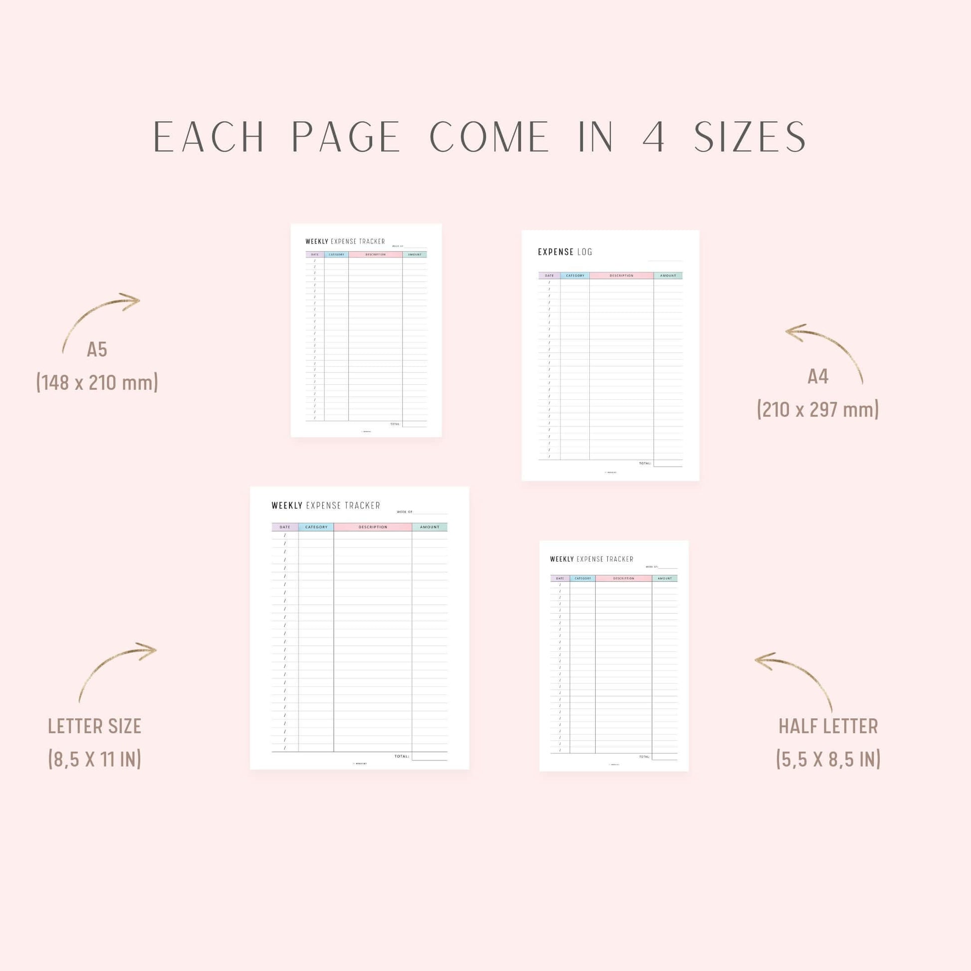 Weekly Expense Tracker, Printable, A4, A5, Half Letter, Letter, PDF, Digital Planner, 2 Colors, Instant Download
