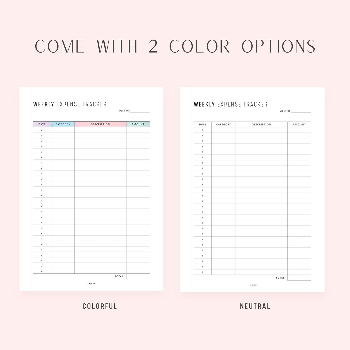 Weekly Expense Tracker, Printable, A4, A5, Half Letter, Letter, PDF, Digital Planner, 2 Colors, Instant Download