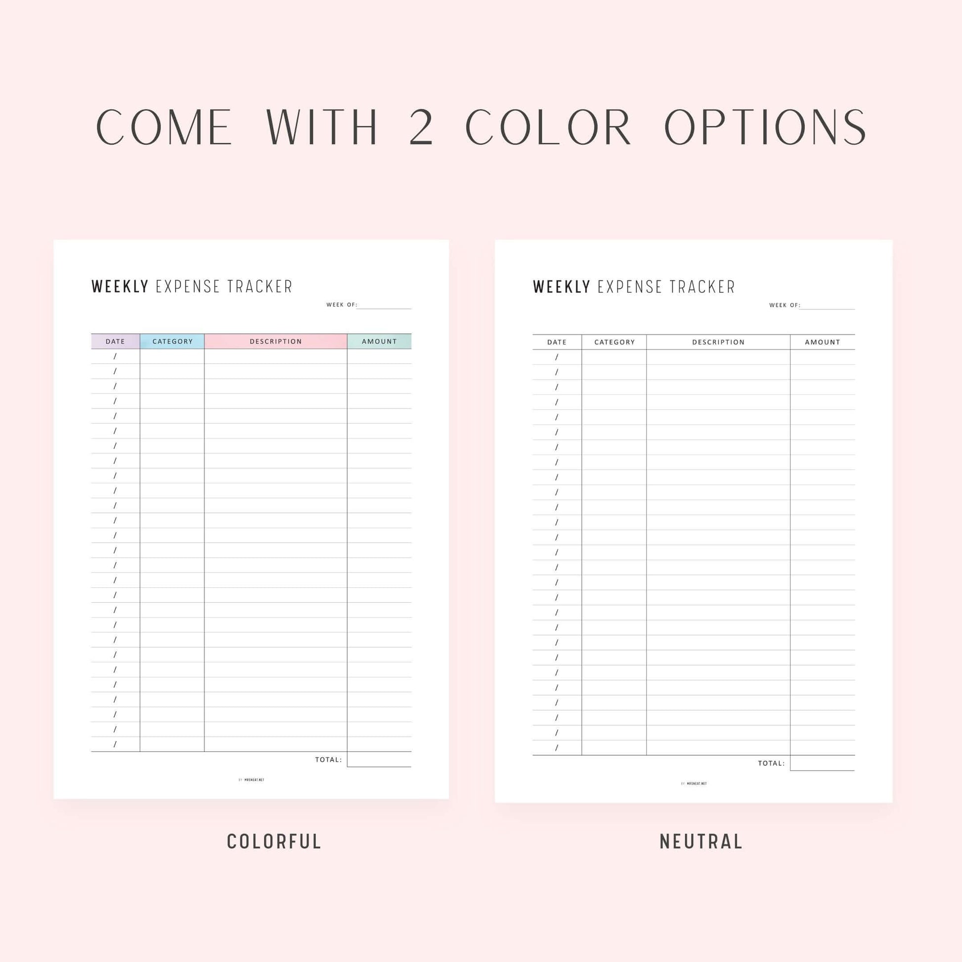 Weekly Expense Tracker, Printable, A4, A5, Half Letter, Letter, PDF, Digital Planner, 2 Colors, Instant Download