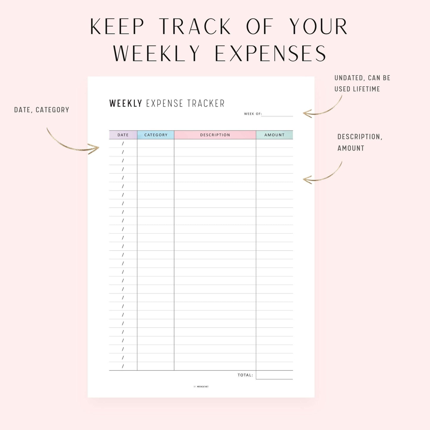 Weekly Expense Tracker, Printable, A4, A5, Half Letter, Letter, PDF, Digital Planner, 2 Colors, Instant Download