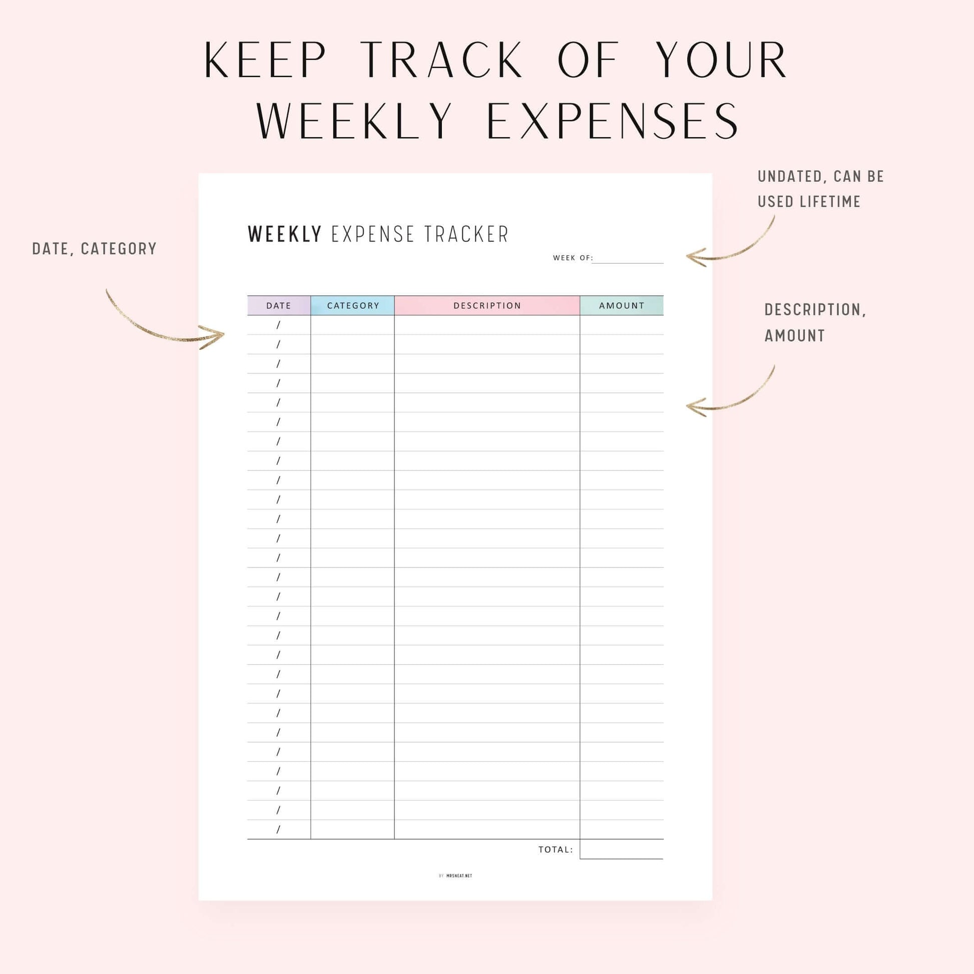 Weekly Expense Tracker, Printable, A4, A5, Half Letter, Letter, PDF, Digital Planner, 2 Colors, Instant Download