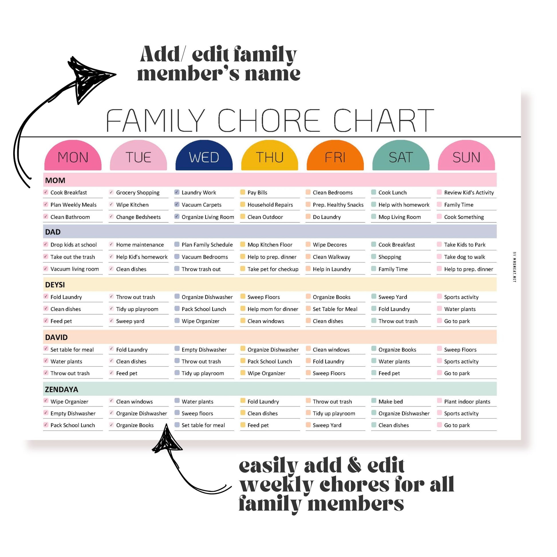 Weekly Family chore chart editable and PRINTABLE, Family Chore list,Household kid adult family schedule template, Family planner, 4 Layouts, A4, Letter