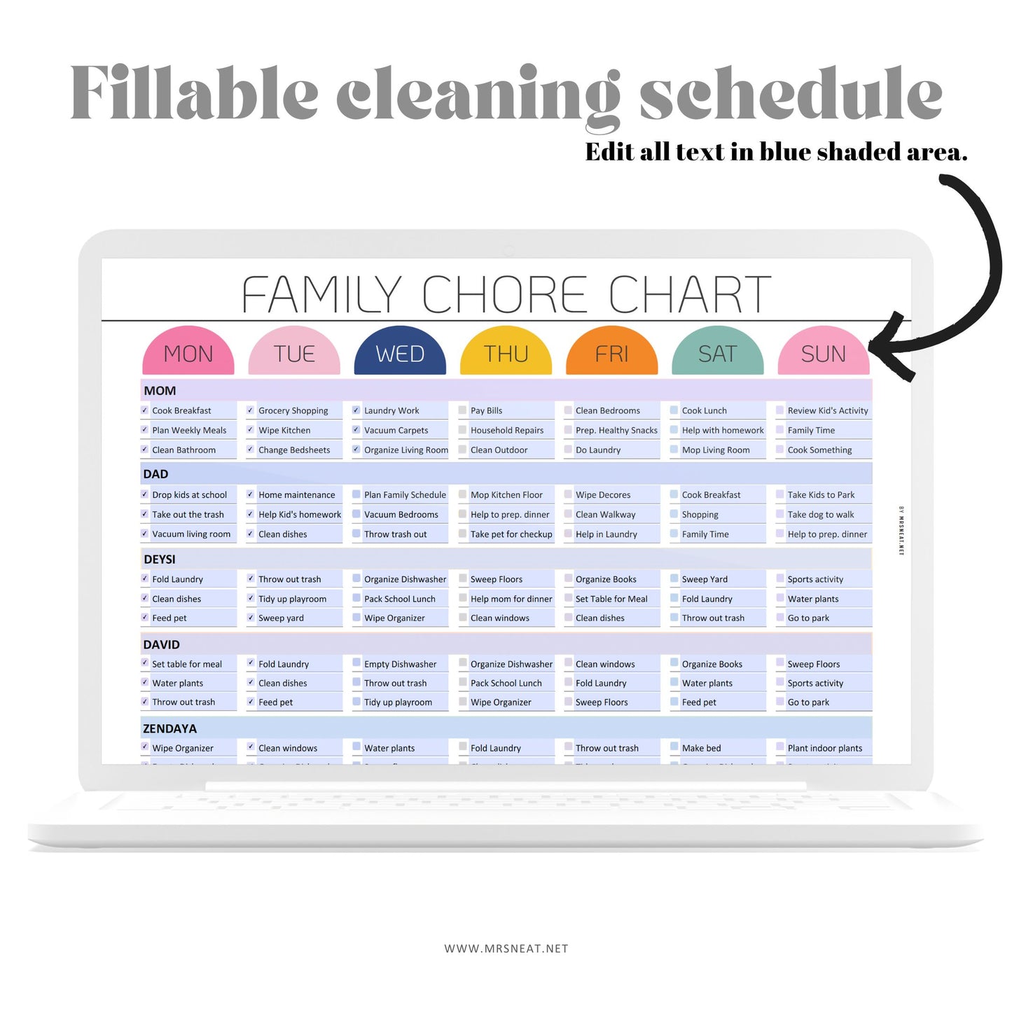 Weekly Family chore chart editable and PRINTABLE, Family Chore list,Household kid adult family schedule template, Family planner, 4 Layouts, A4, Letter