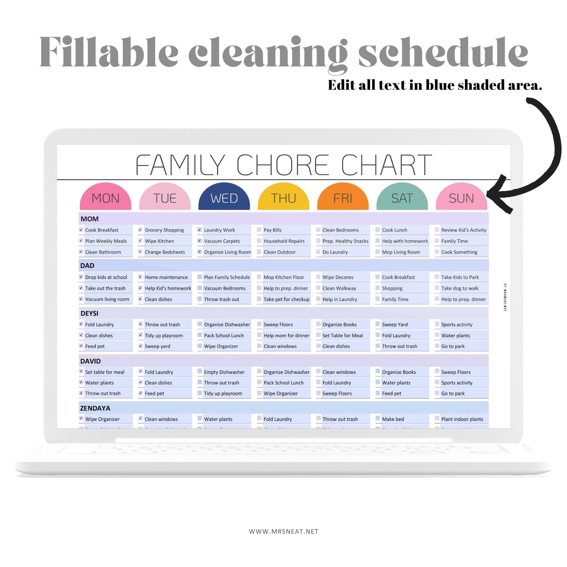 Weekly Family chore chart editable and PRINTABLE, Family Chore list,Household kid adult family schedule template, Family planner, 4 Layouts, A4, Letter