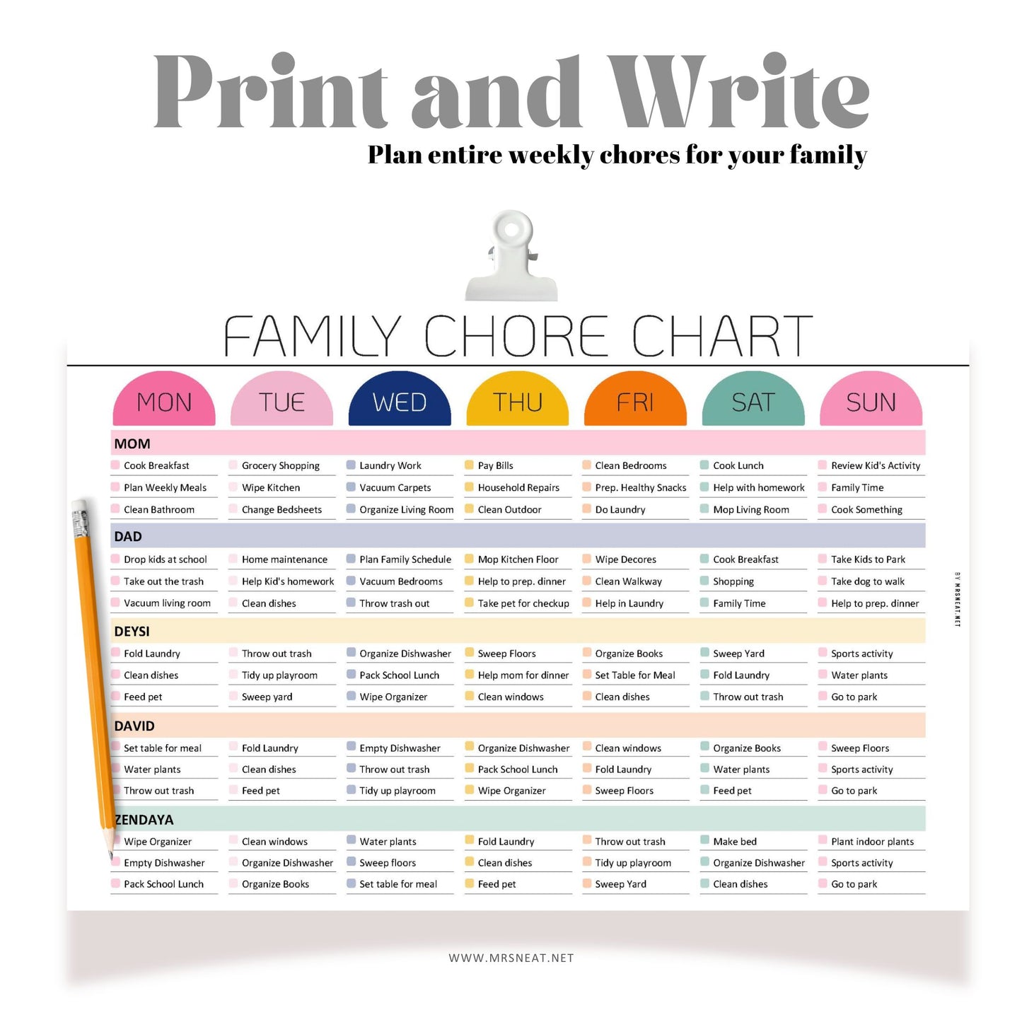 Weekly Family chore chart editable and PRINTABLE, Family Chore list,Household kid adult family schedule template, Family planner, 4 Layouts