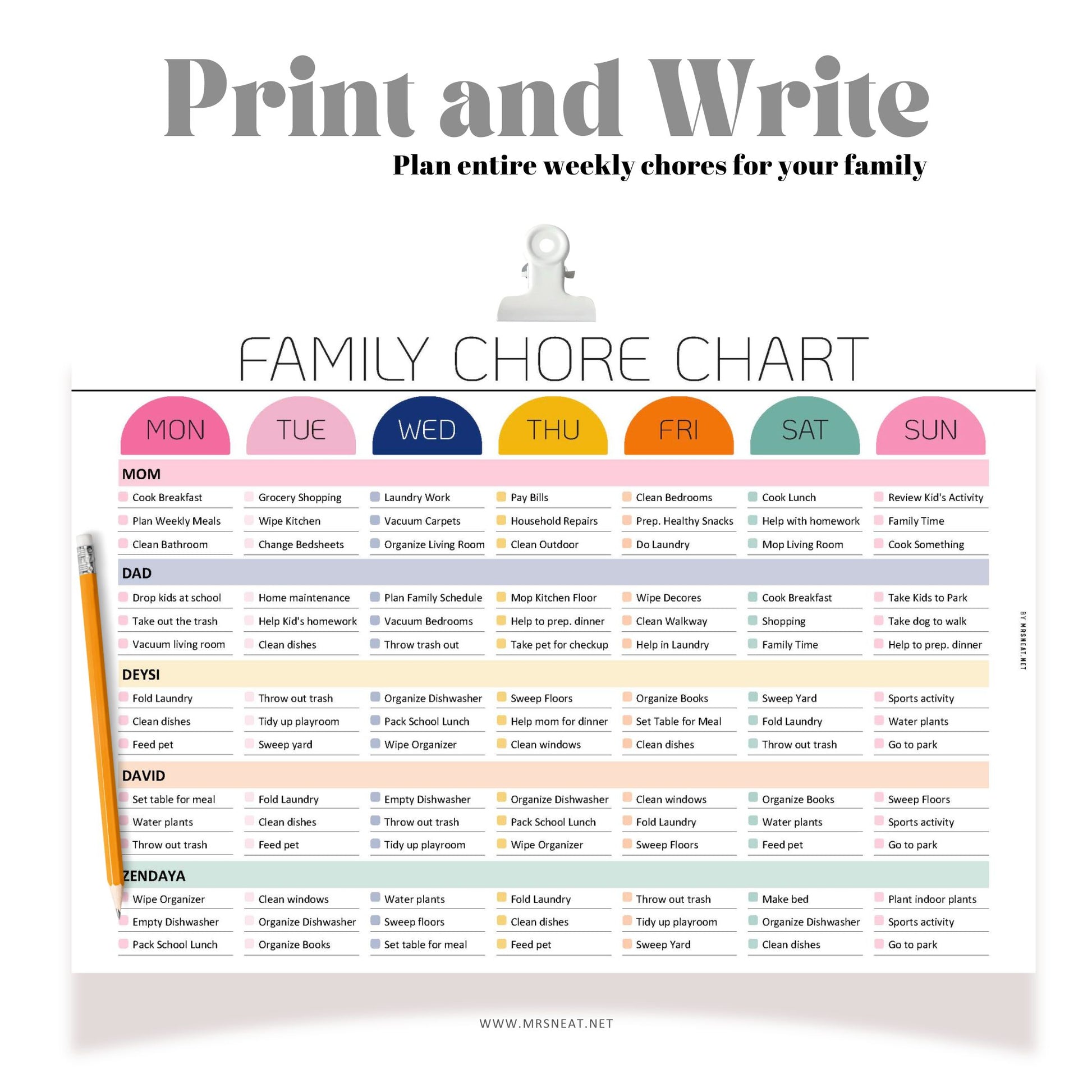 Weekly Family chore chart editable and PRINTABLE, Family Chore list,Household kid adult family schedule template, Family planner, 4 Layouts