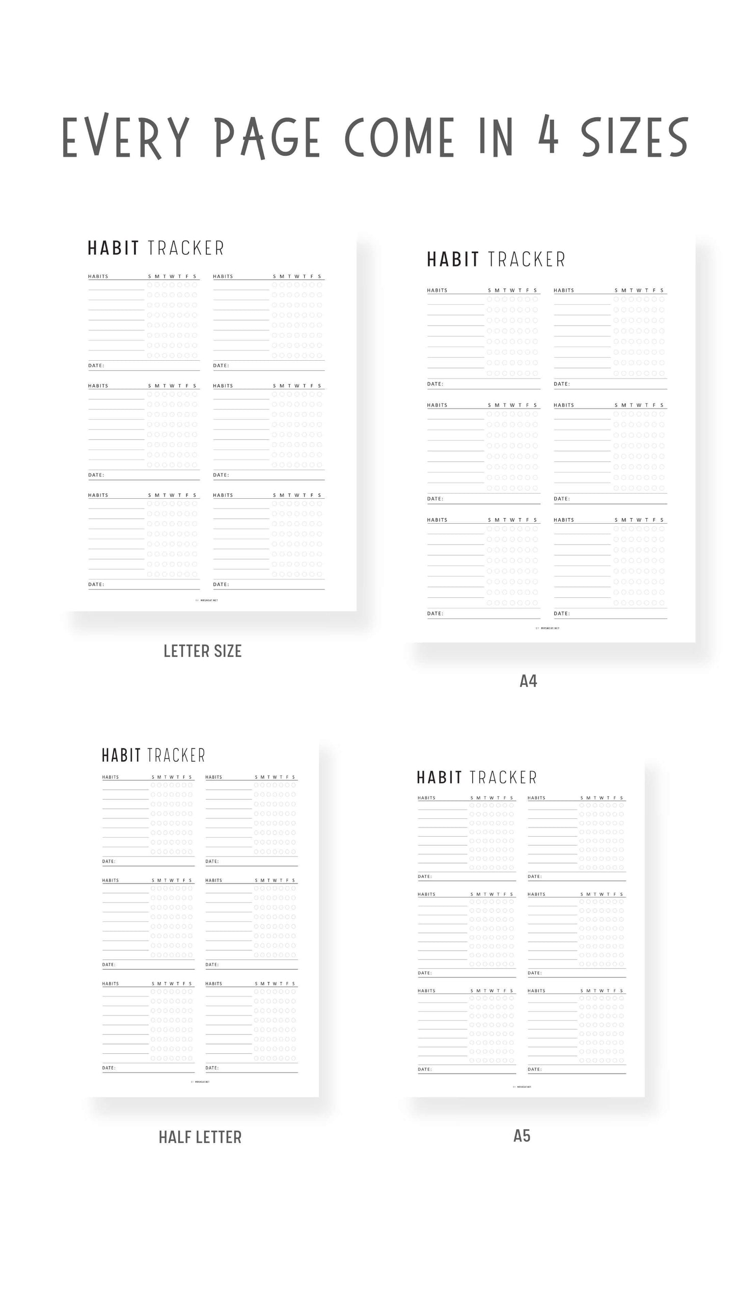 Weekly Habit Tracker Template Printable, 2 versions, 2 color options, Sunday Start, A4, A5, Letter, Half Letter, Digital Habit Tracker, Colorful and Minimalist Style, PDF