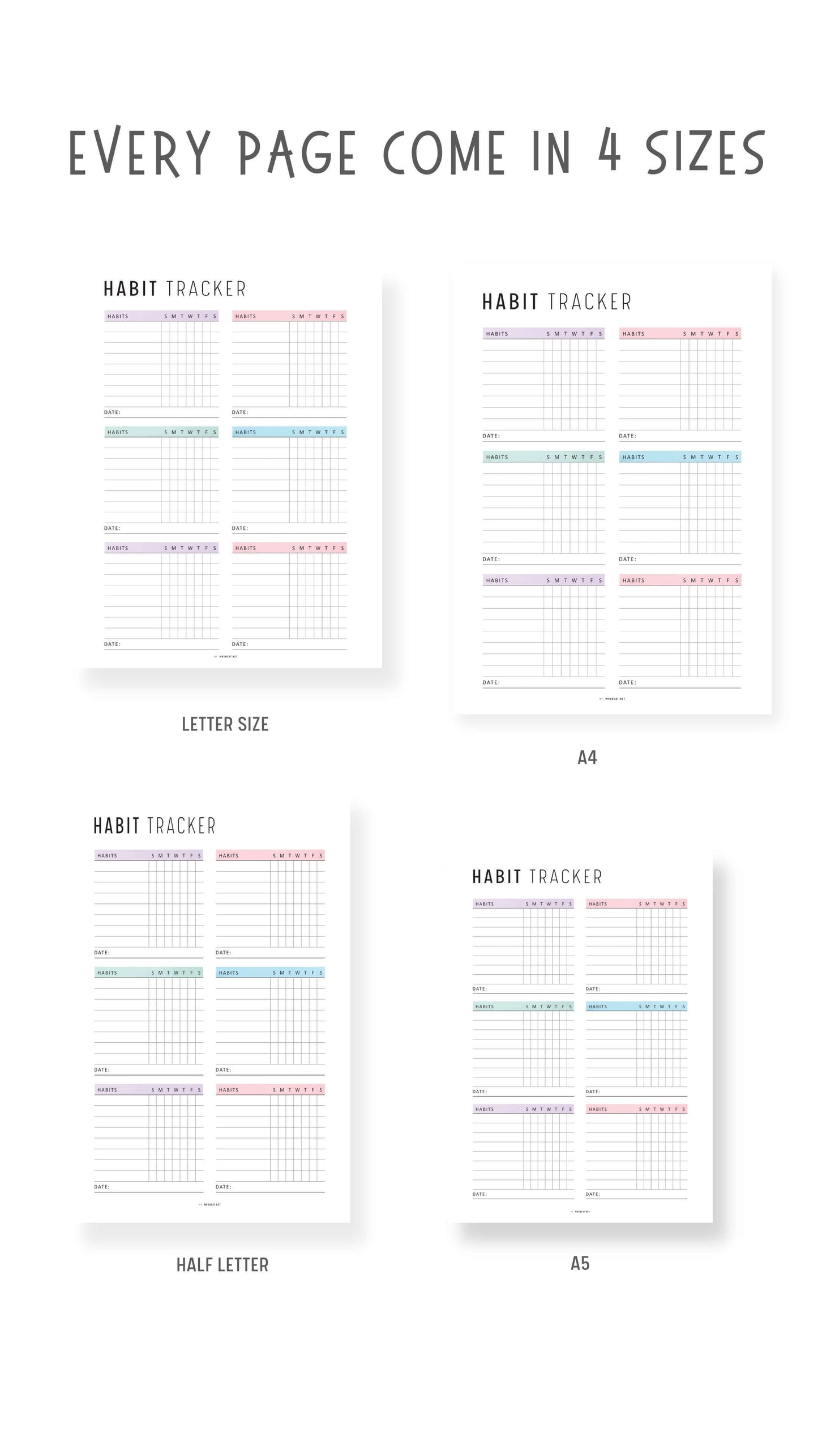 Weekly Habit Tracker Template Printable, 2 versions, 2 color options, Sunday Start, A4, A5, Letter, Half Letter, Digital Habit Tracker, Colorful and Minimalist Style, PDF