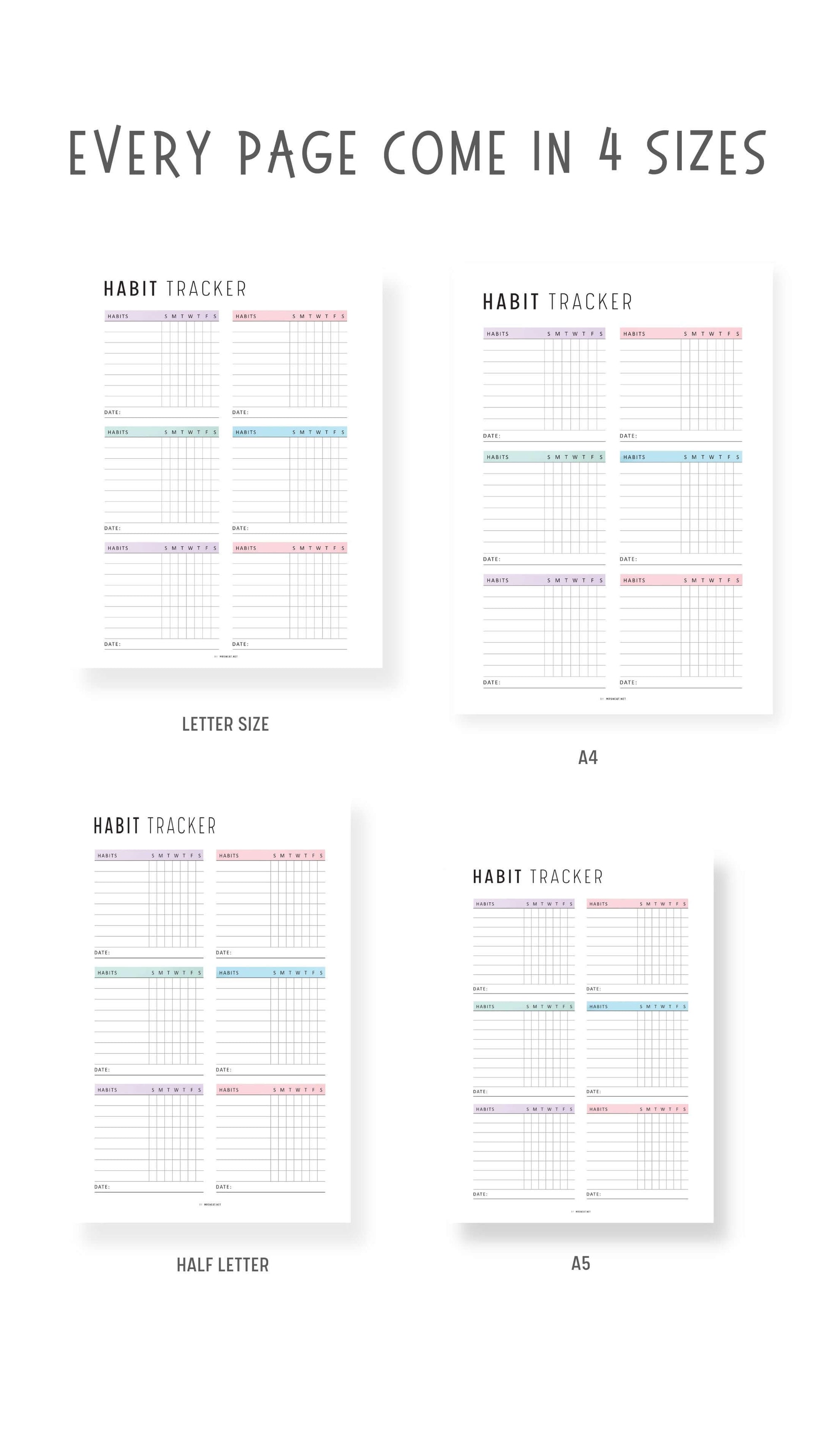 Weekly Habit Tracker Template Printable, 2 versions, 2 color options, Sunday Start, A4, A5, Letter, Half Letter, Digital Habit Tracker, Colorful and Minimalist Style, PDF