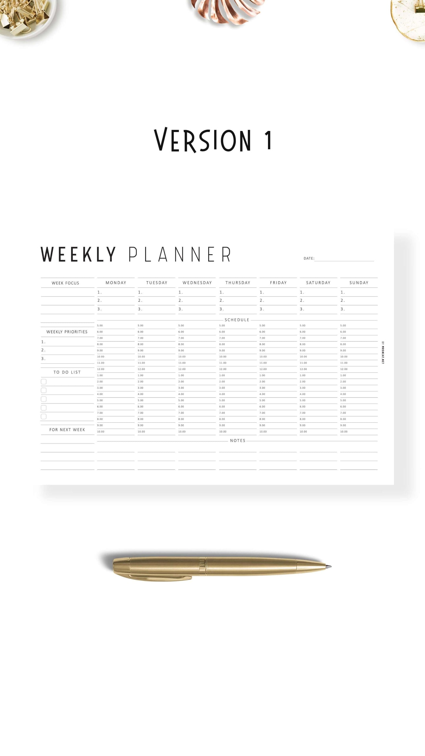 Colorful Weekly Hourly Planner Template Printable, Minimalist Option, A4, Letter, Sunday and Monday start options included, Landscape Template, Digital Planner