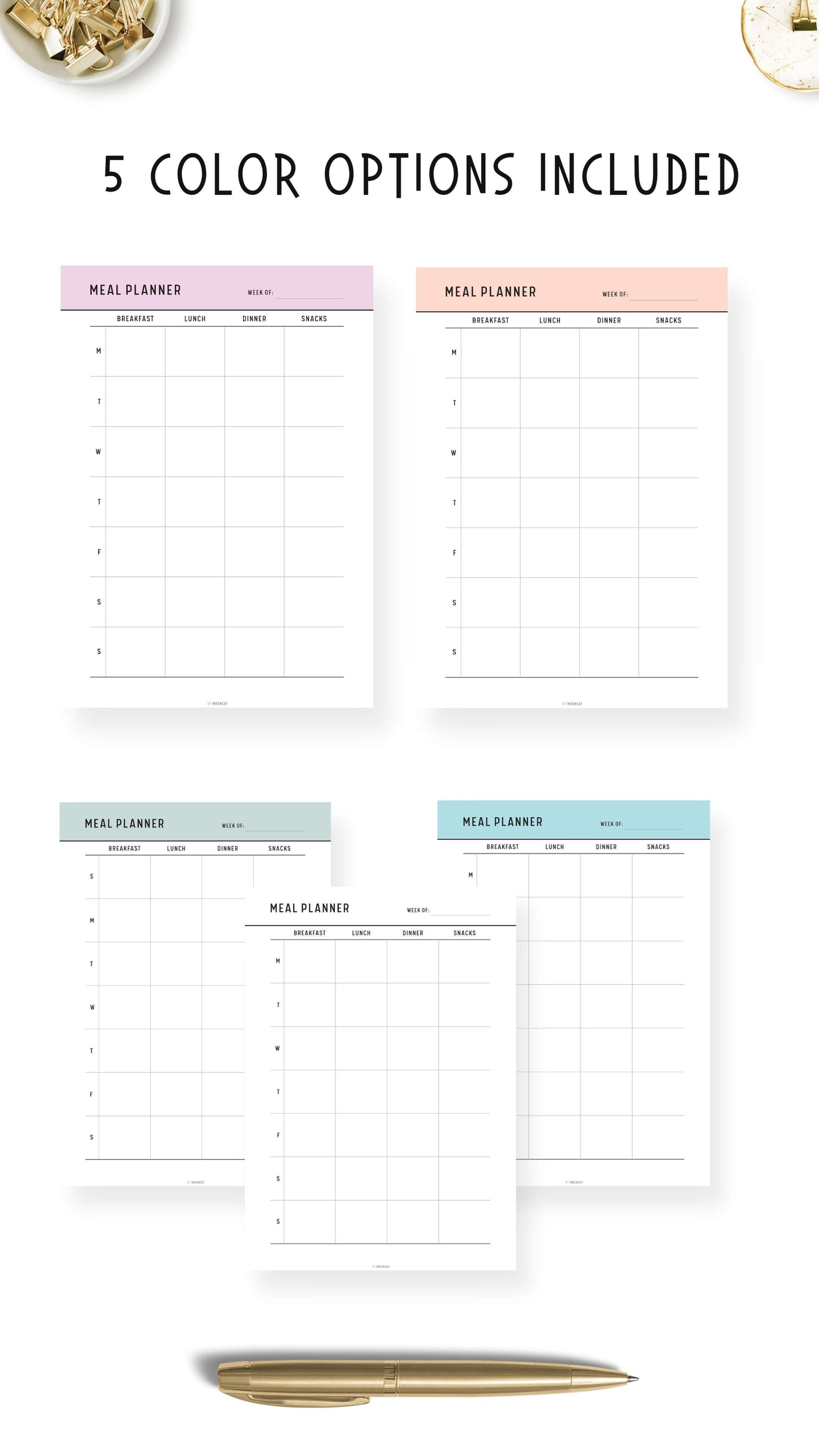 5 colors Weekly Meal Planner Template Printable PDF