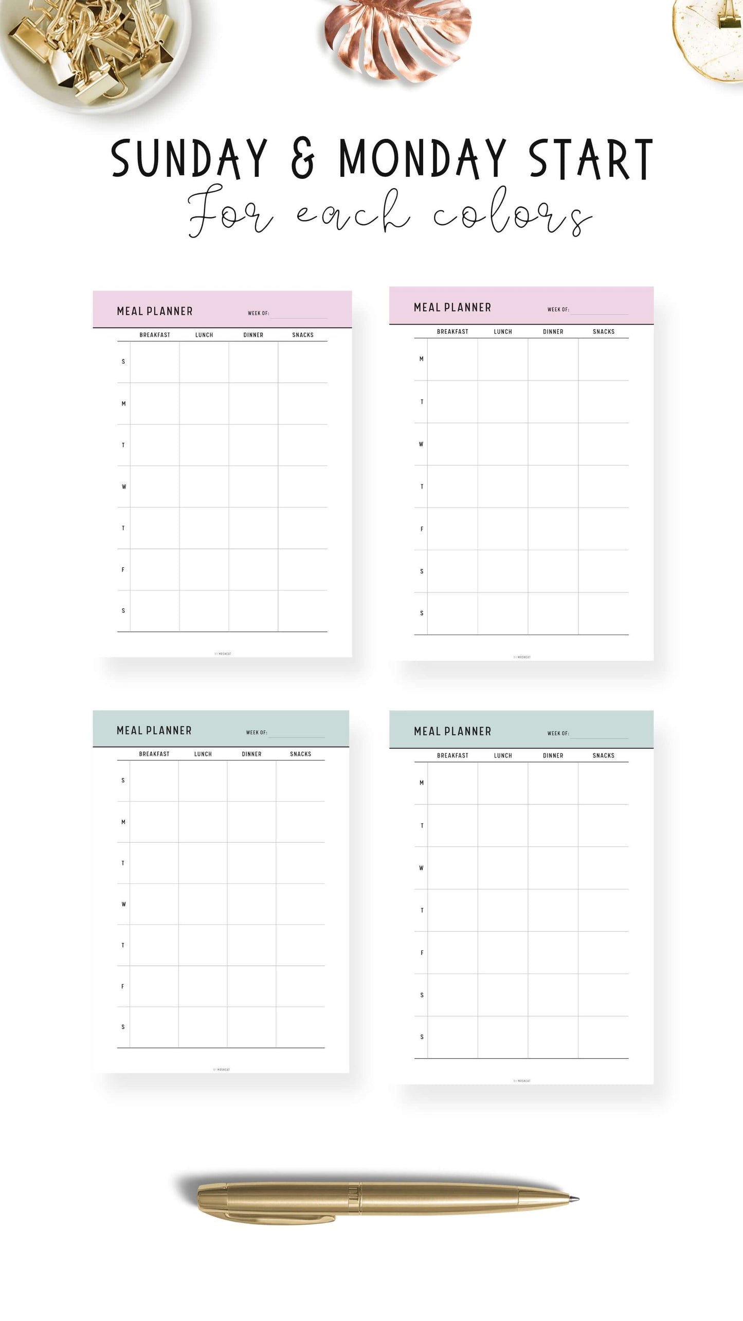 Sunday and Monday start Weekly Meal Planner Template Printable PDF