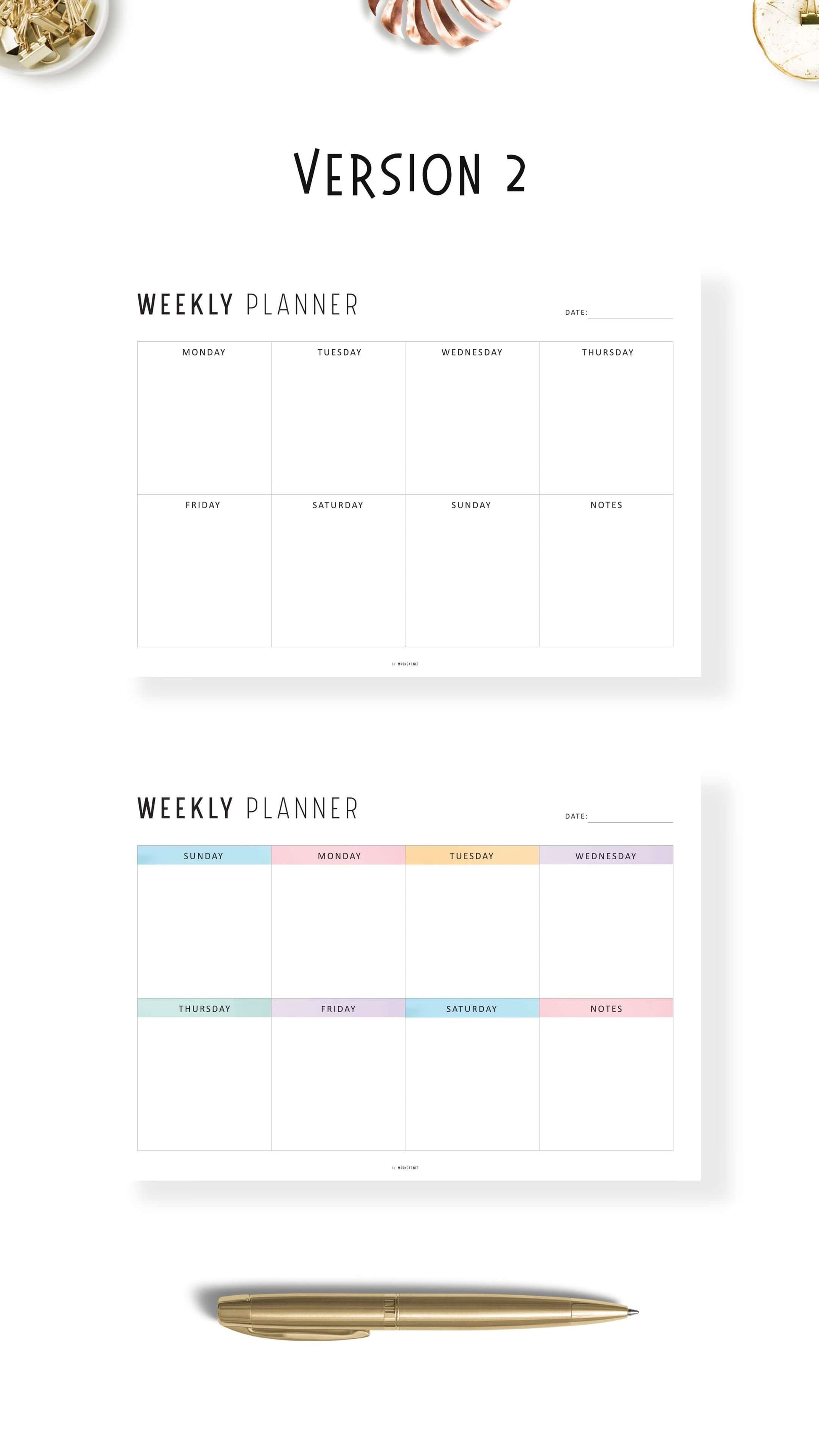 Landscape Minimalist Weekly Planner Printable, 4 Versions, A4 & Letter size, Sunday and Monday start Included, Colorful and Minimalist Style Options
