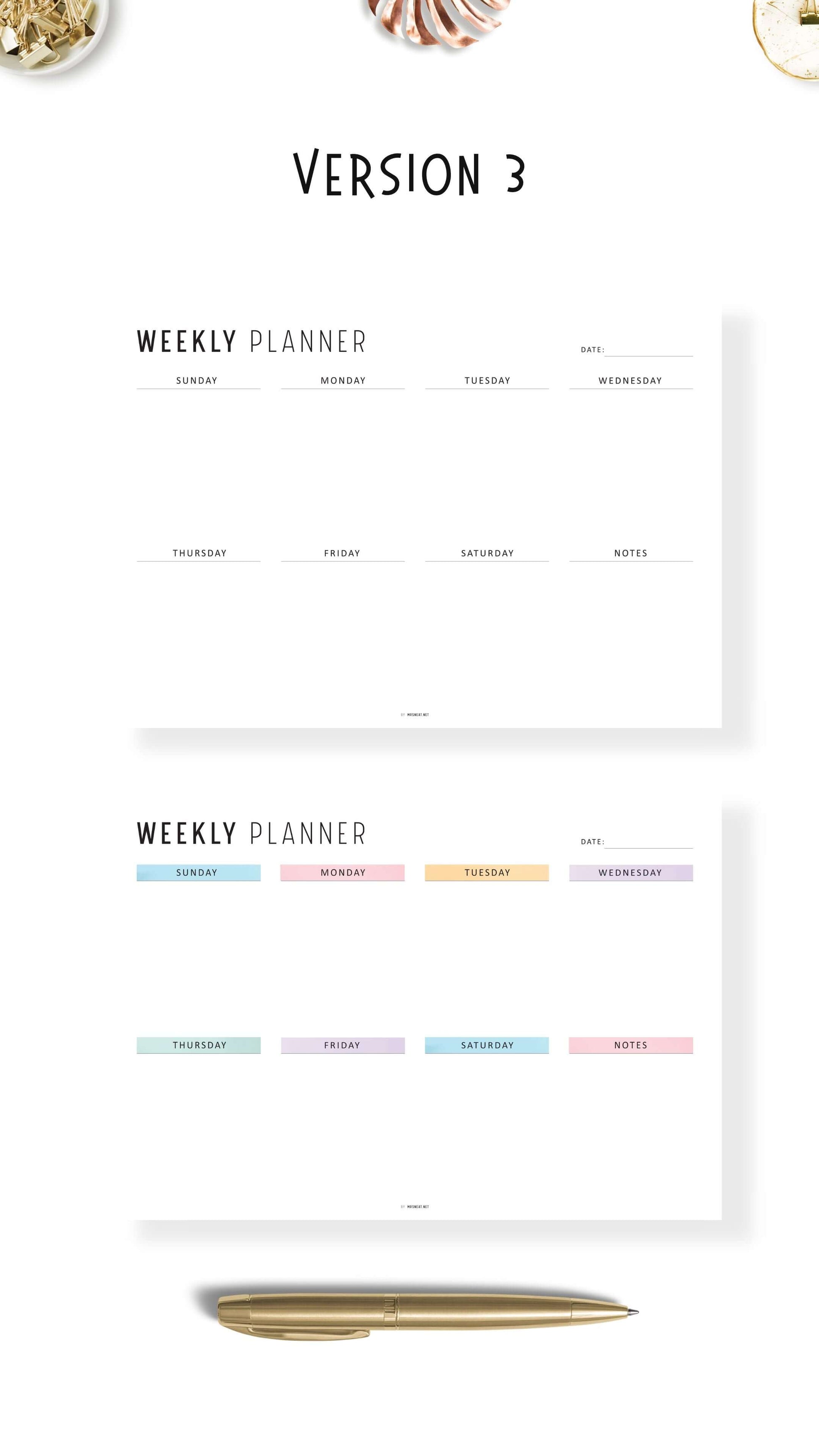 Landscape Minimalist Weekly Planner Printable, 4 Versions, A4 & Letter size, Sunday and Monday start Included, Colorful and Minimalist Style Options