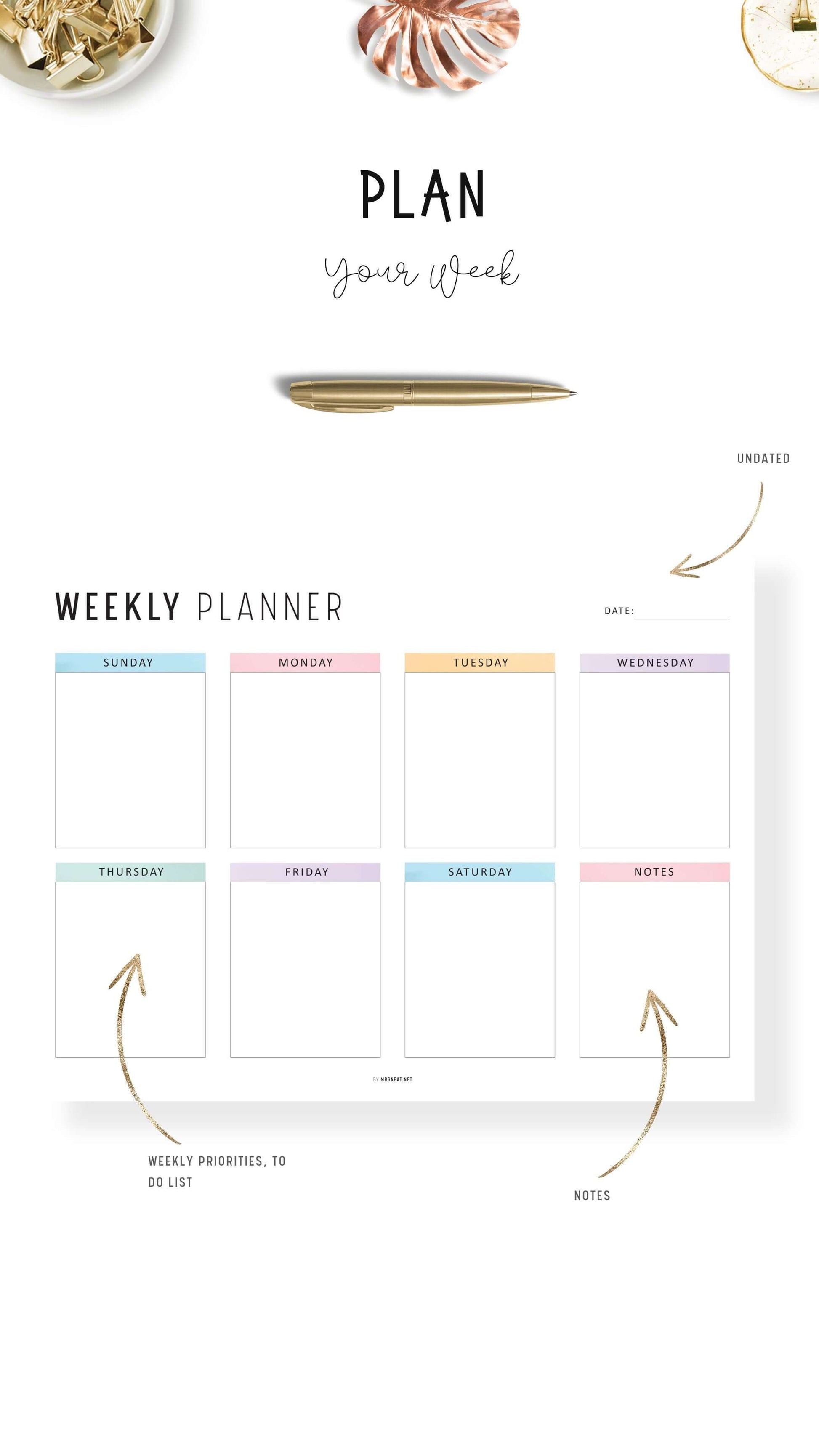 Landscape Minimalist Weekly Planner Printable, 4 Versions, A4 & Letter size, Sunday and Monday start Included, Colorful and Minimalist Style Options