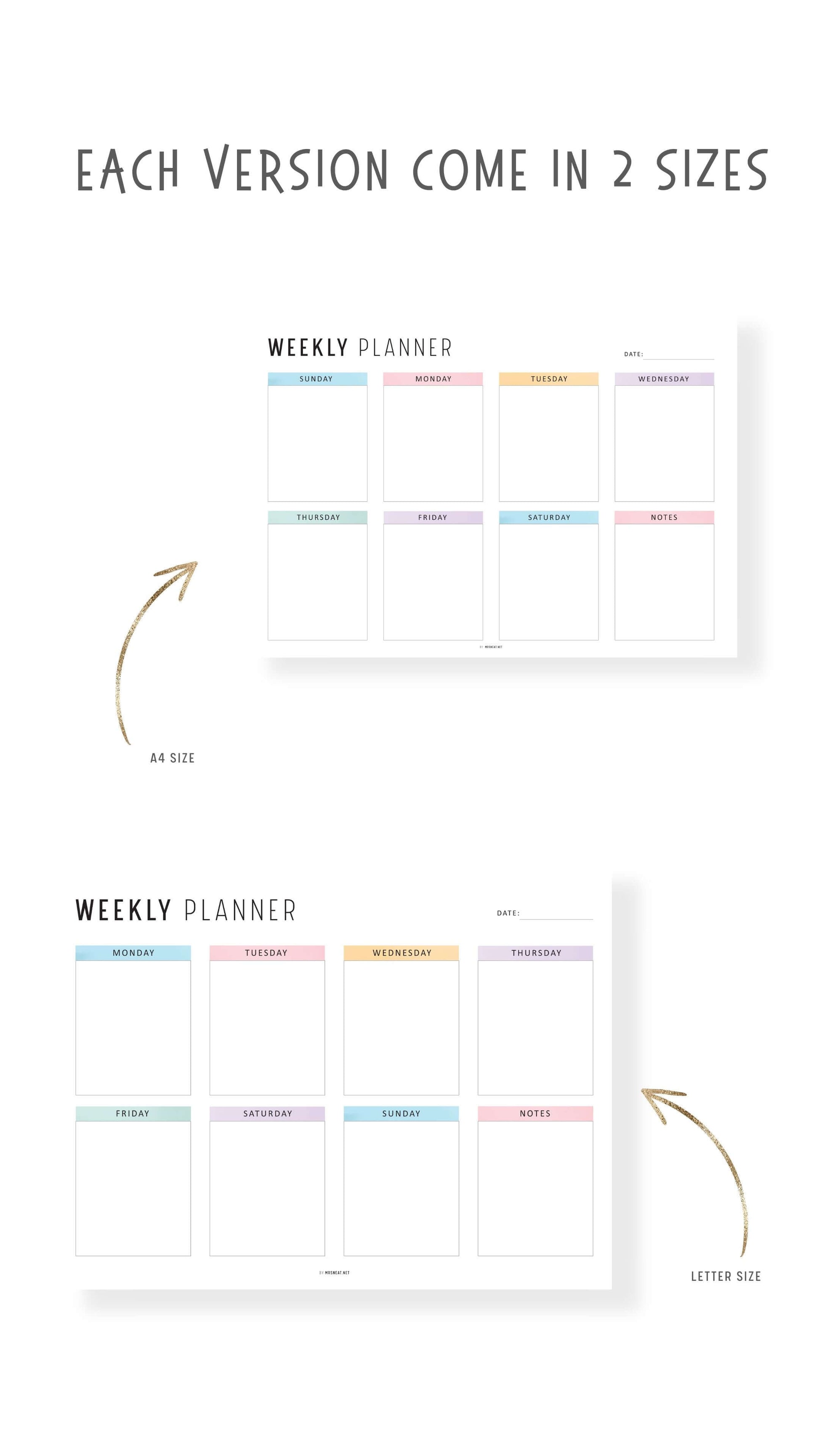 Landscape Minimalist Weekly Planner Printable, 4 Versions, A4 & Letter size, Sunday and Monday start Included, Colorful and Minimalist Style Options