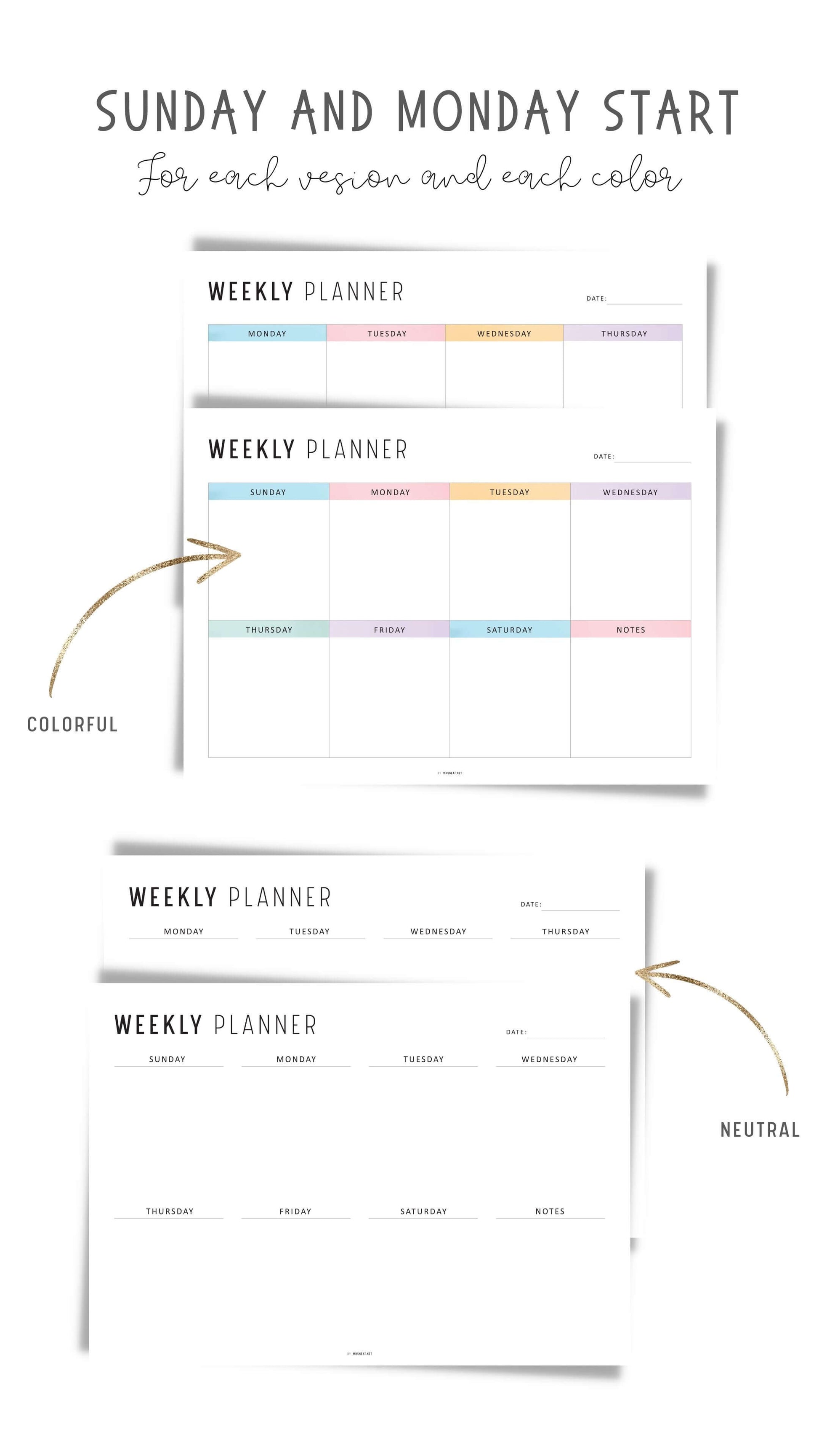 Landscape Minimalist Weekly Planner Printable, 4 Versions, A4 & Letter size, Sunday and Monday start Included, Colorful and Minimalist Style Options