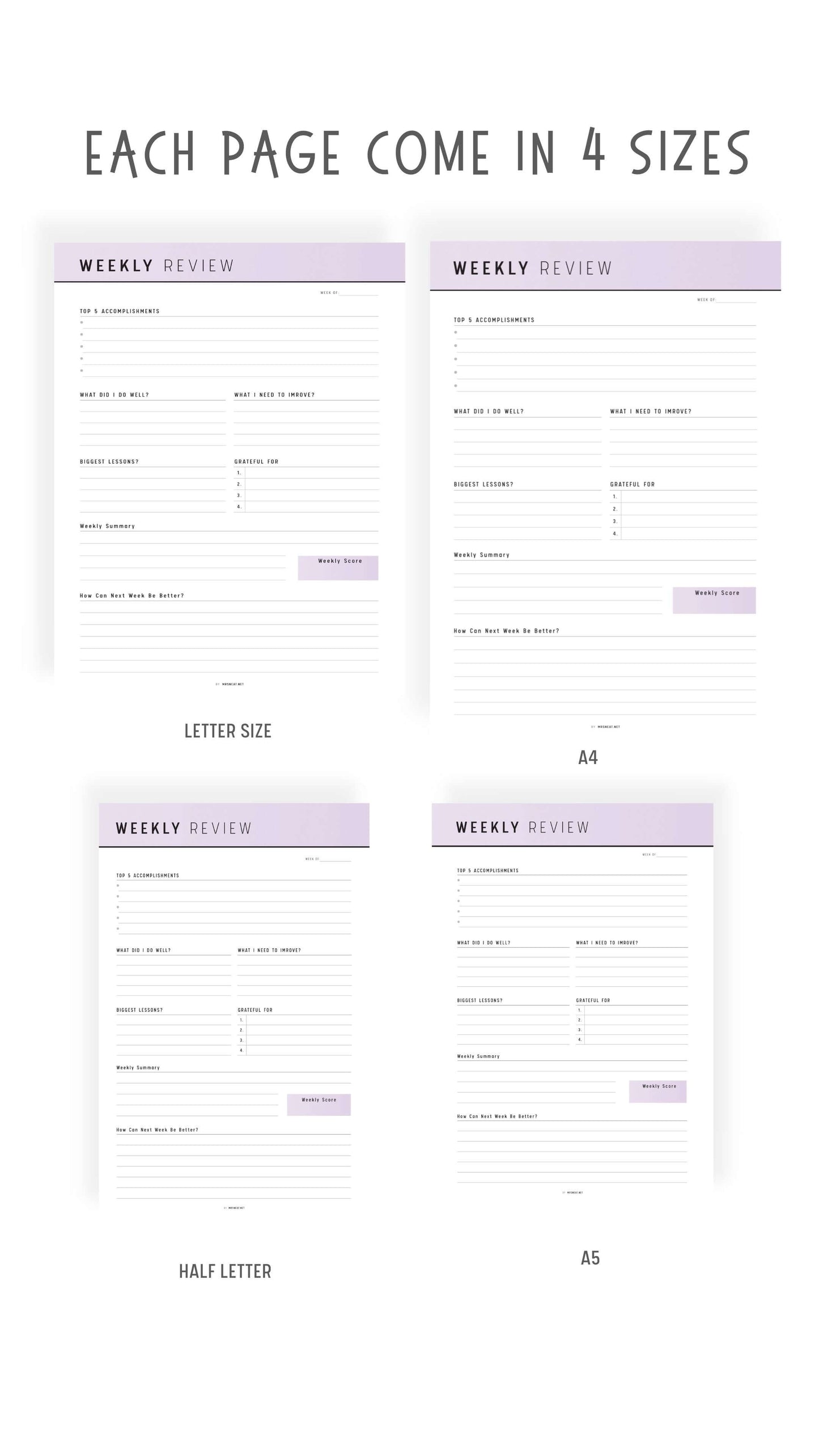 A4, A5, Letter, Half Letter Weekly Review Template Printable