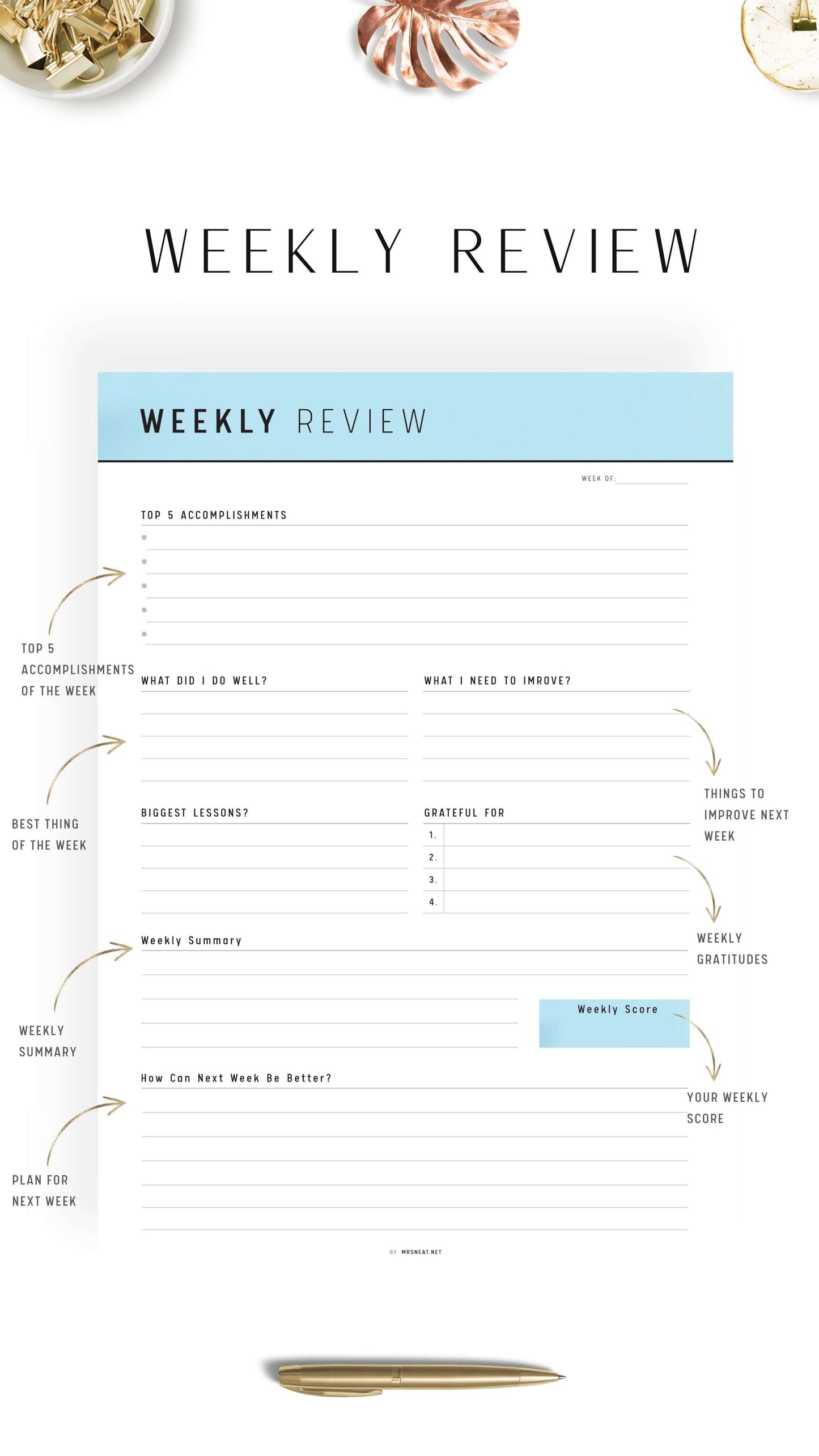 Blue Weekly Review Template Printable