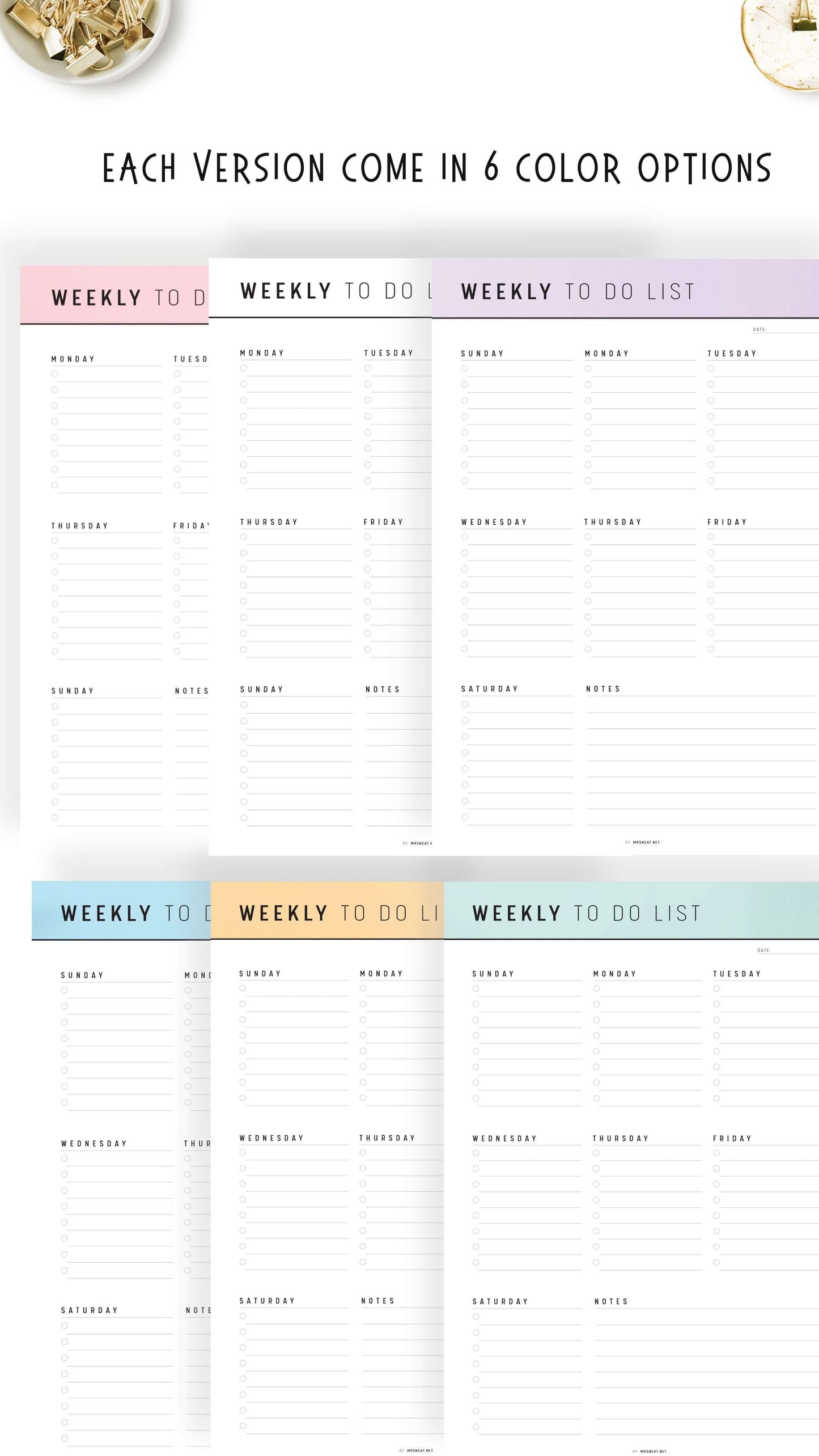 6 colors Weekly To Do List Printable