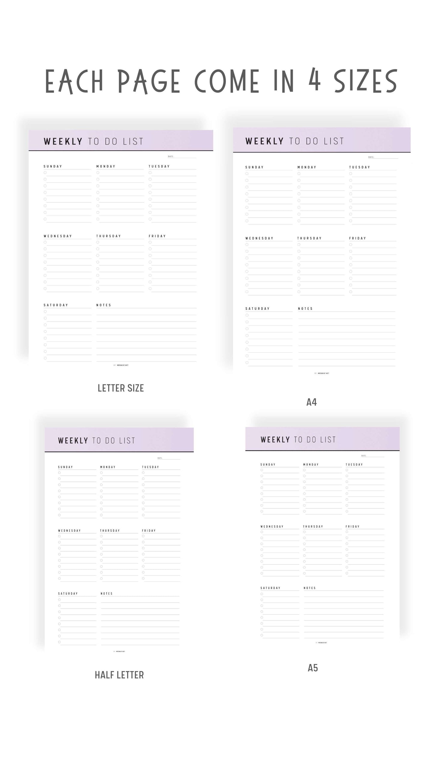 A4, A5, Letter, Half Letter Weekly To Do List Printable